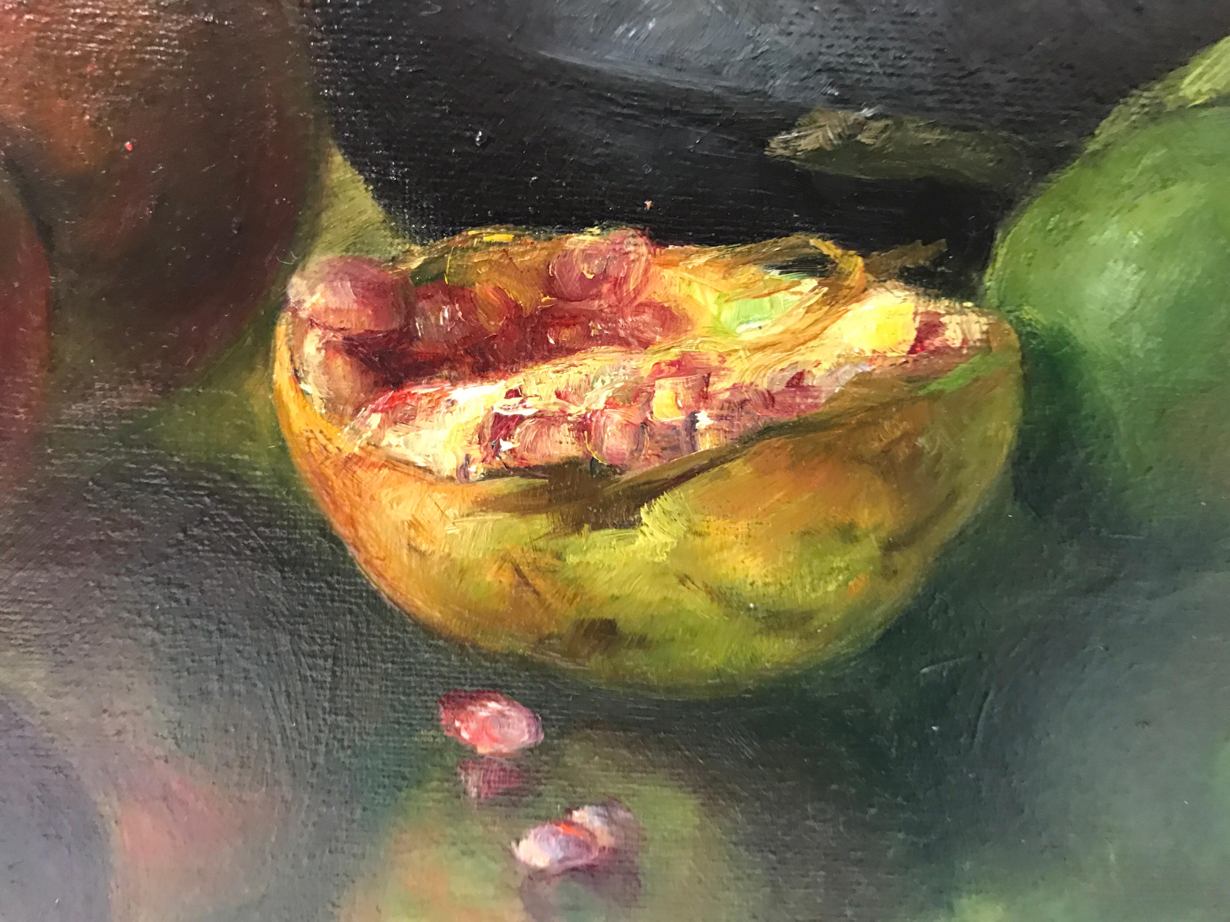Black Teapot and Pomegranates Still Life Oil Painting In Excellent Condition In West Hartford, CT