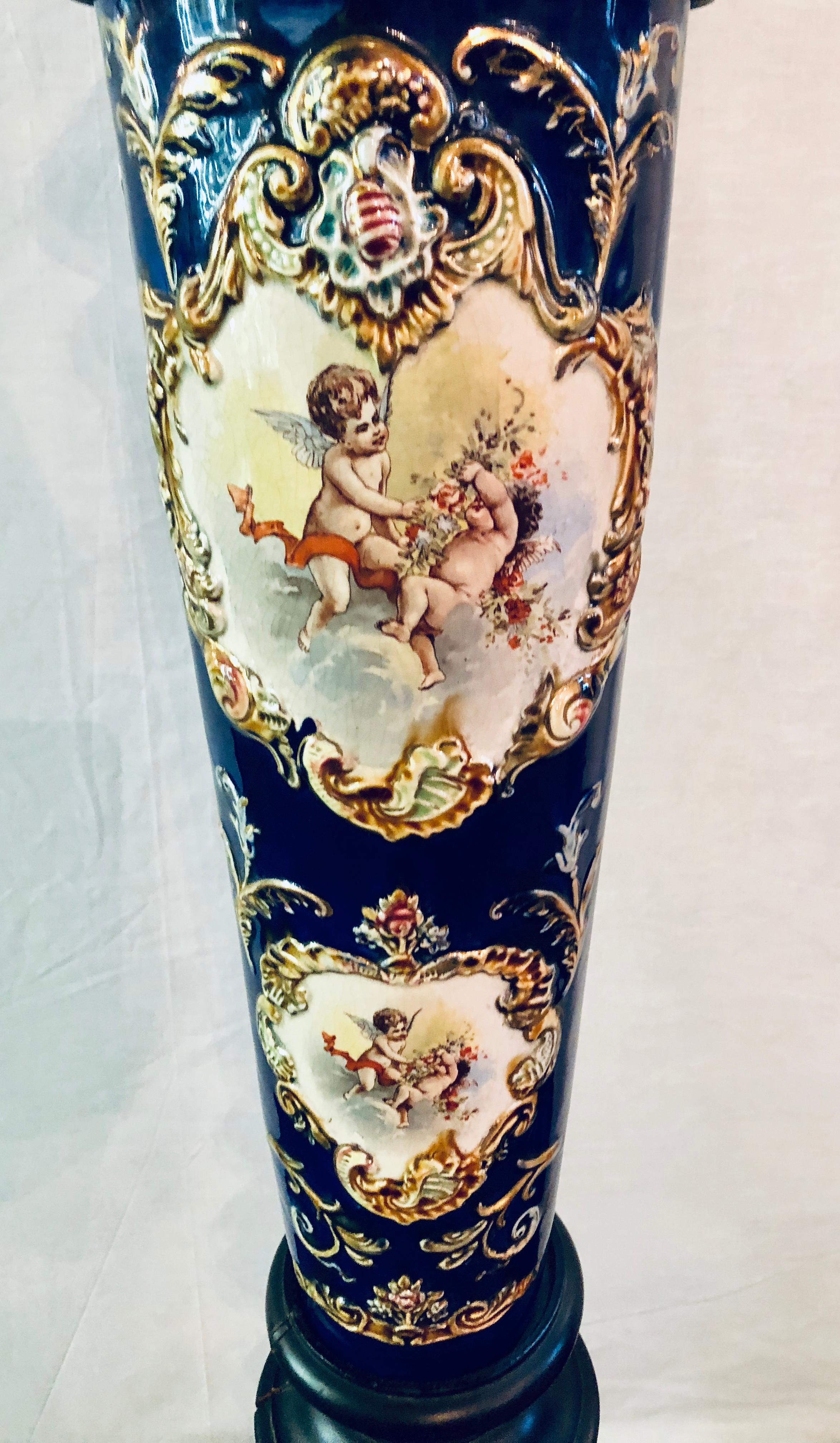 Belle Époque Pair of Royal Vienna Style Porcelain and Ebony Column Pedestals