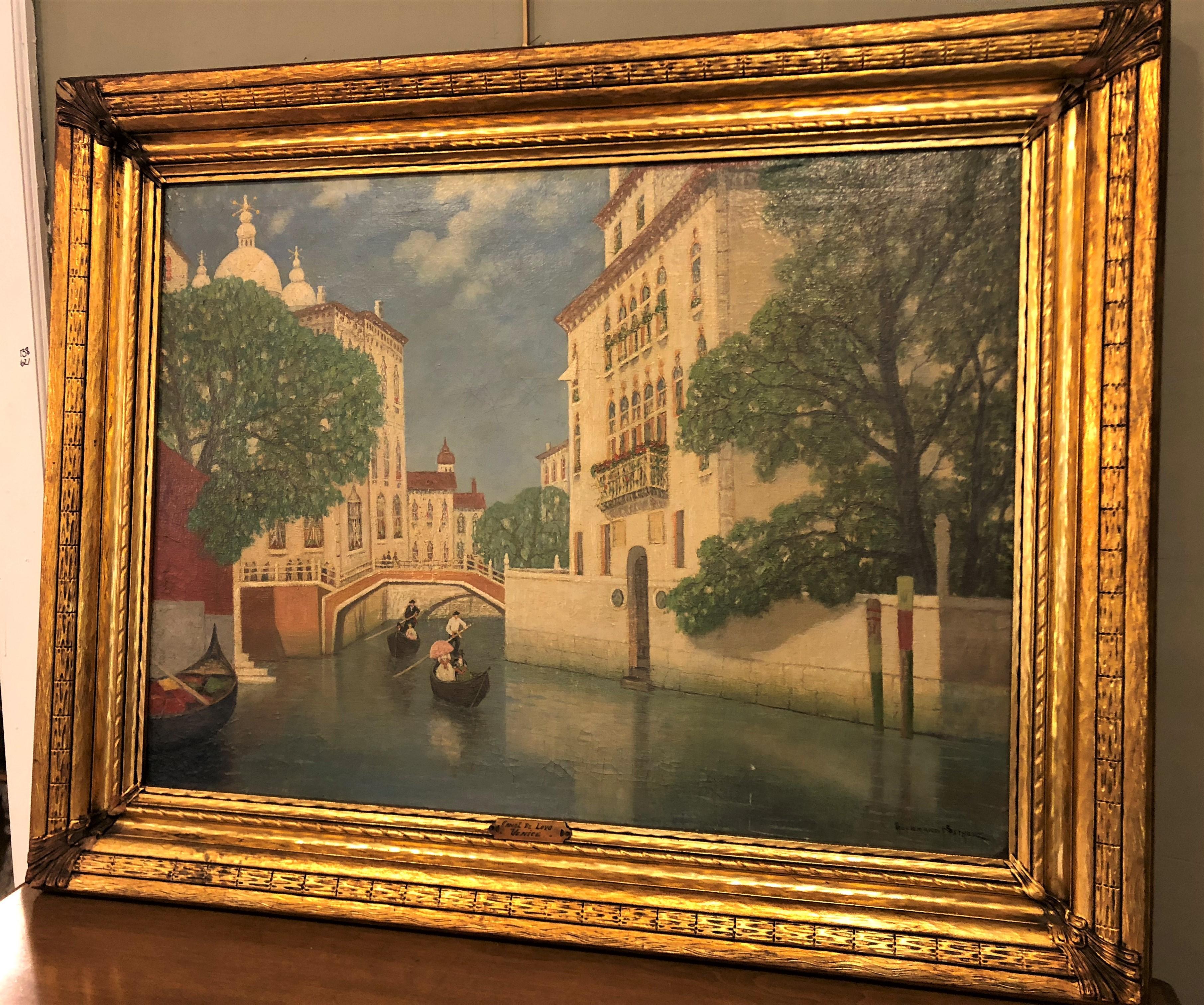 American Classical Gulbrandt Sether Signed Norwegian American Oil on Canvas of a Venice Canal For Sale