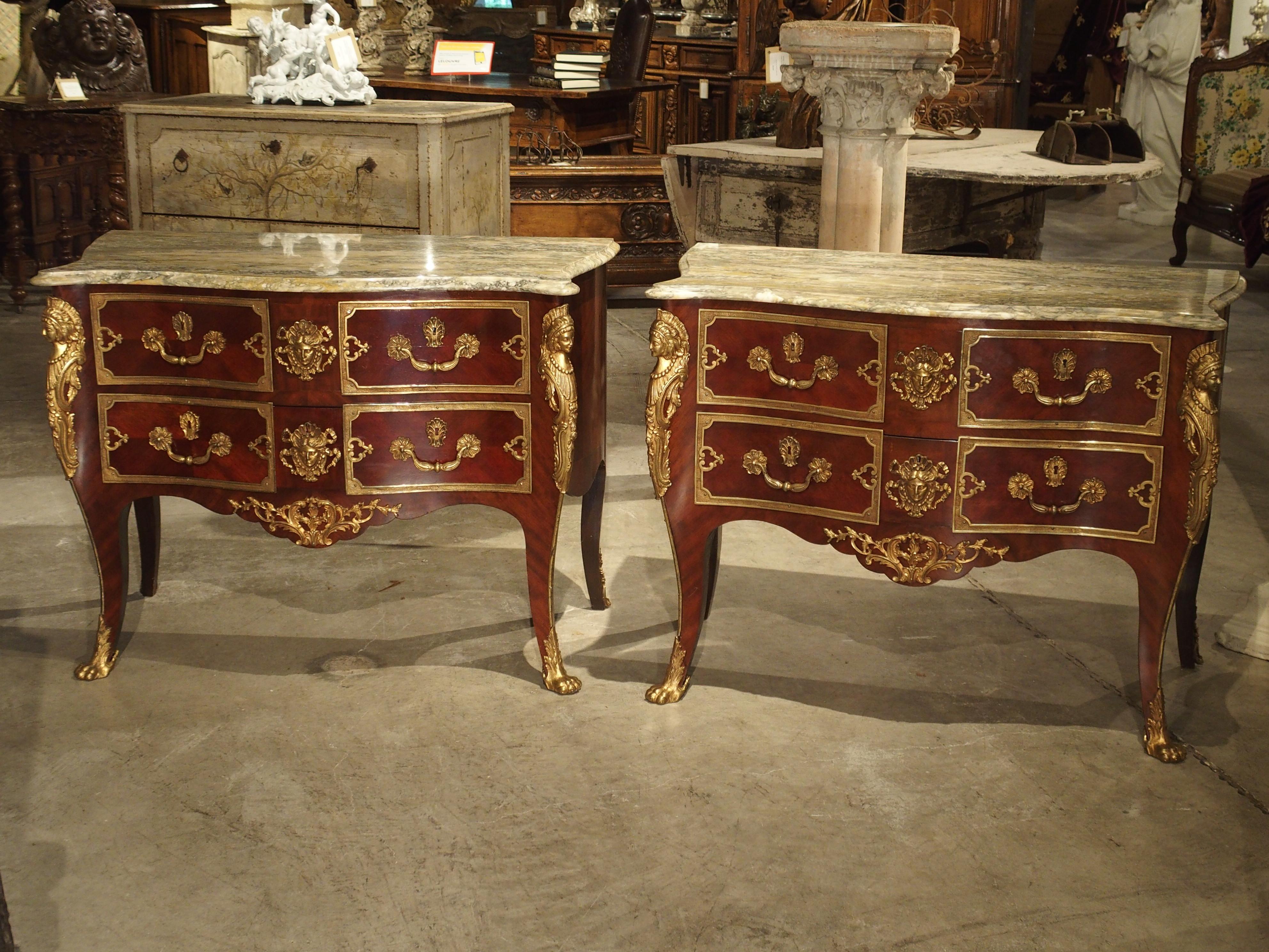Spanish Pair of Early 1900s Mahogany and Gilt Bronze Mounted Louis XV Style Commodes