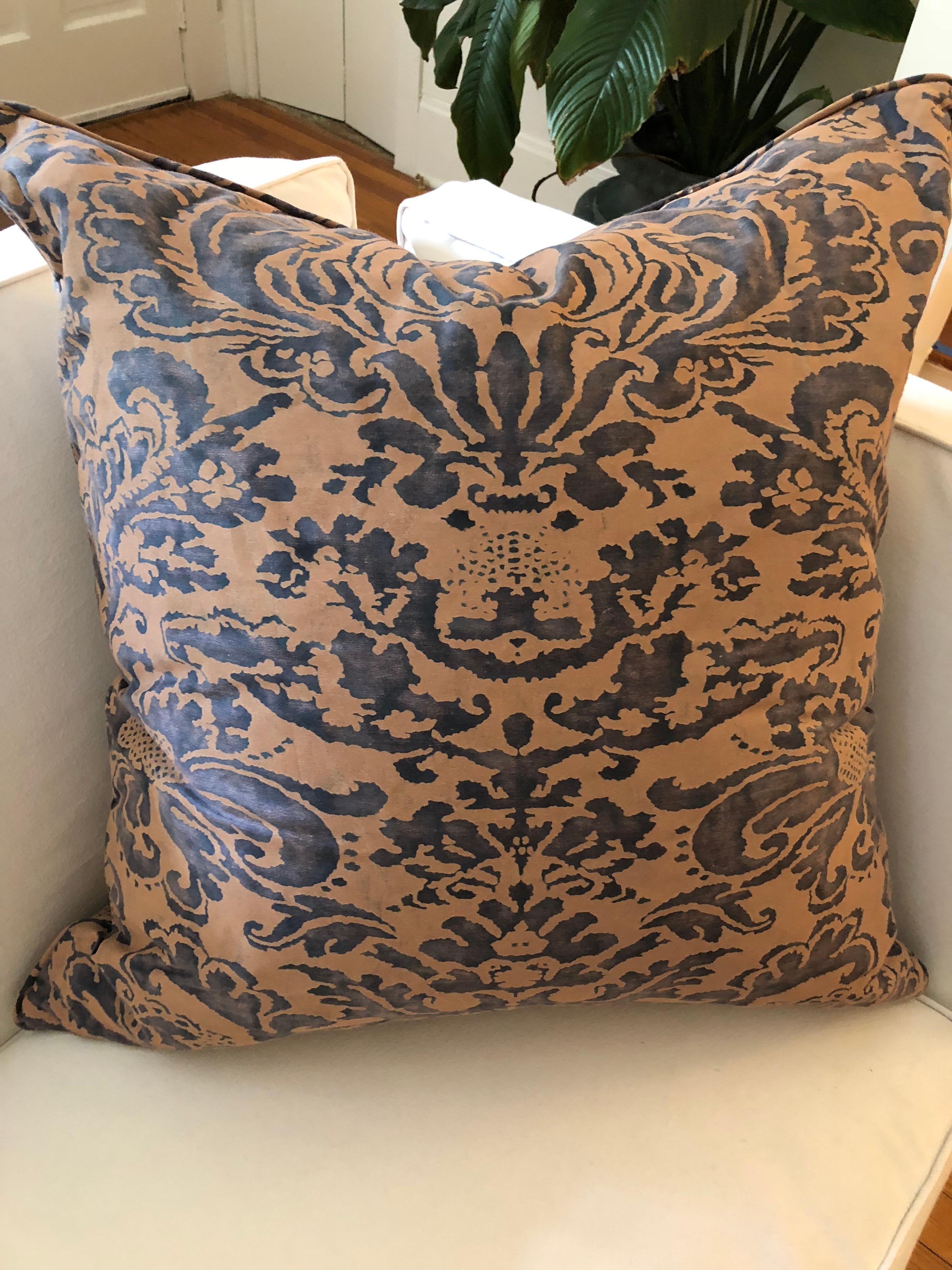 Italian Pair of Blue and Taupe Fortuny Cushions in the 