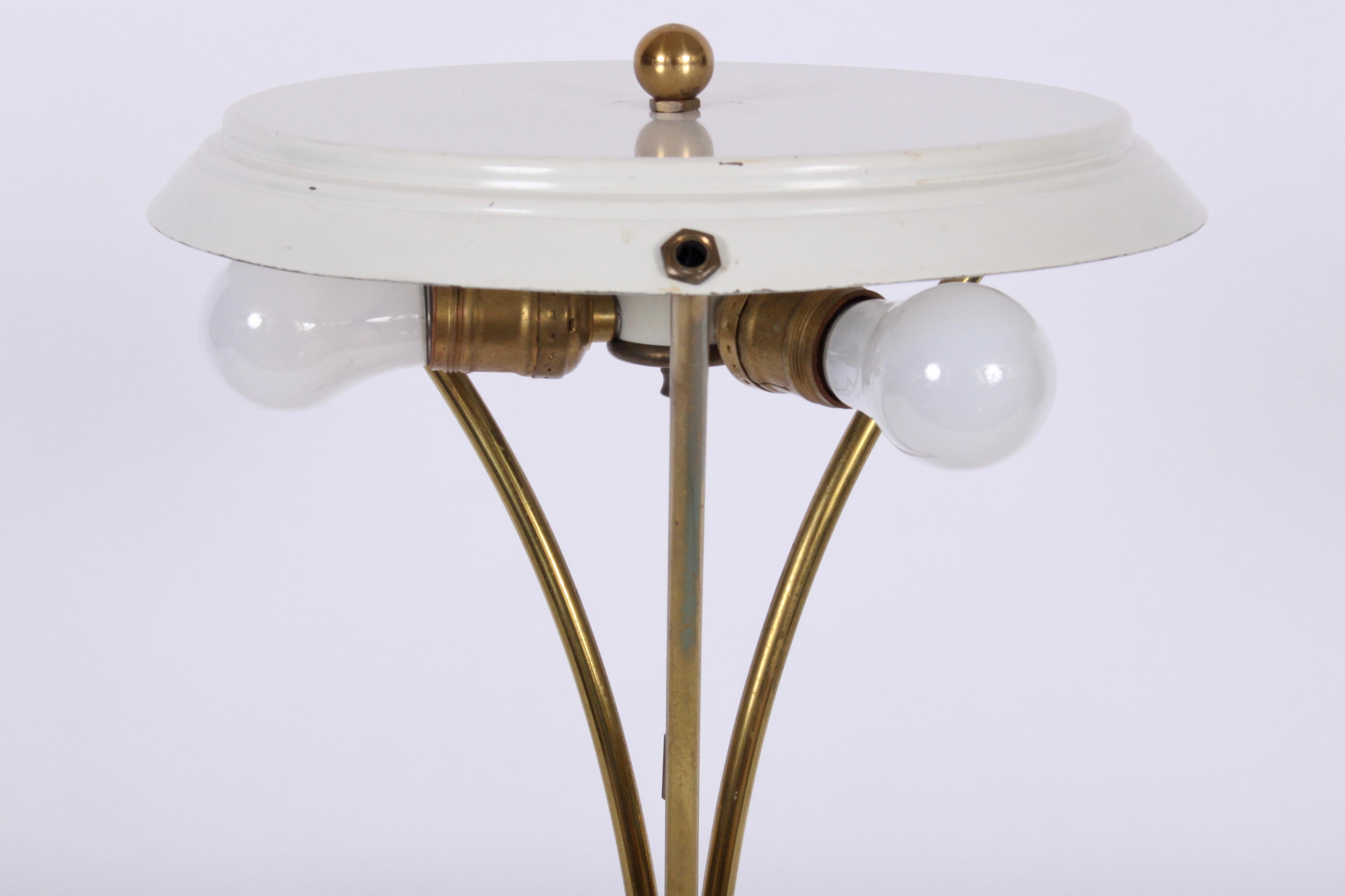 Hollywood Regency Gerald Thurston Curved Brass Tripod Table Lamp with White Shade, circa 1950