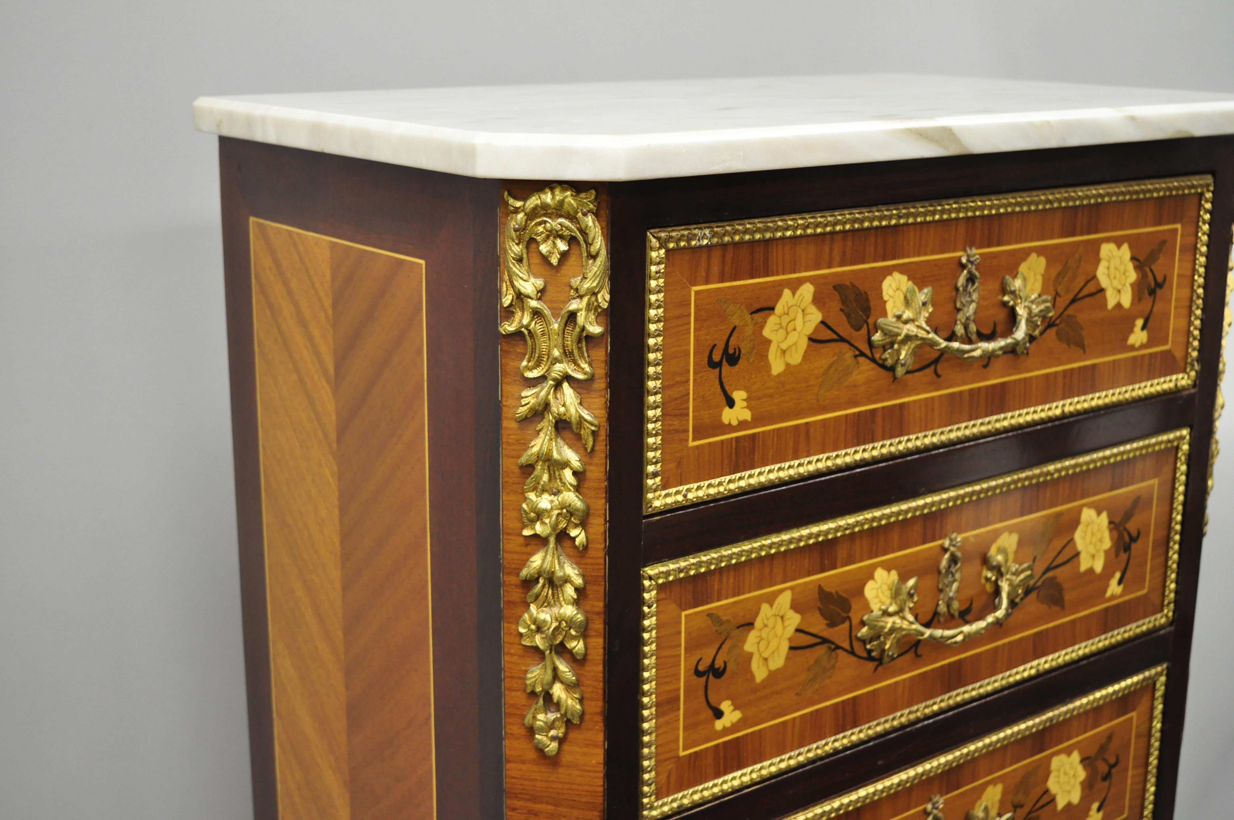 Spanish Louis XV French Style Marble-Top Inlaid Seven-Drawer Lingerie Tall Chest