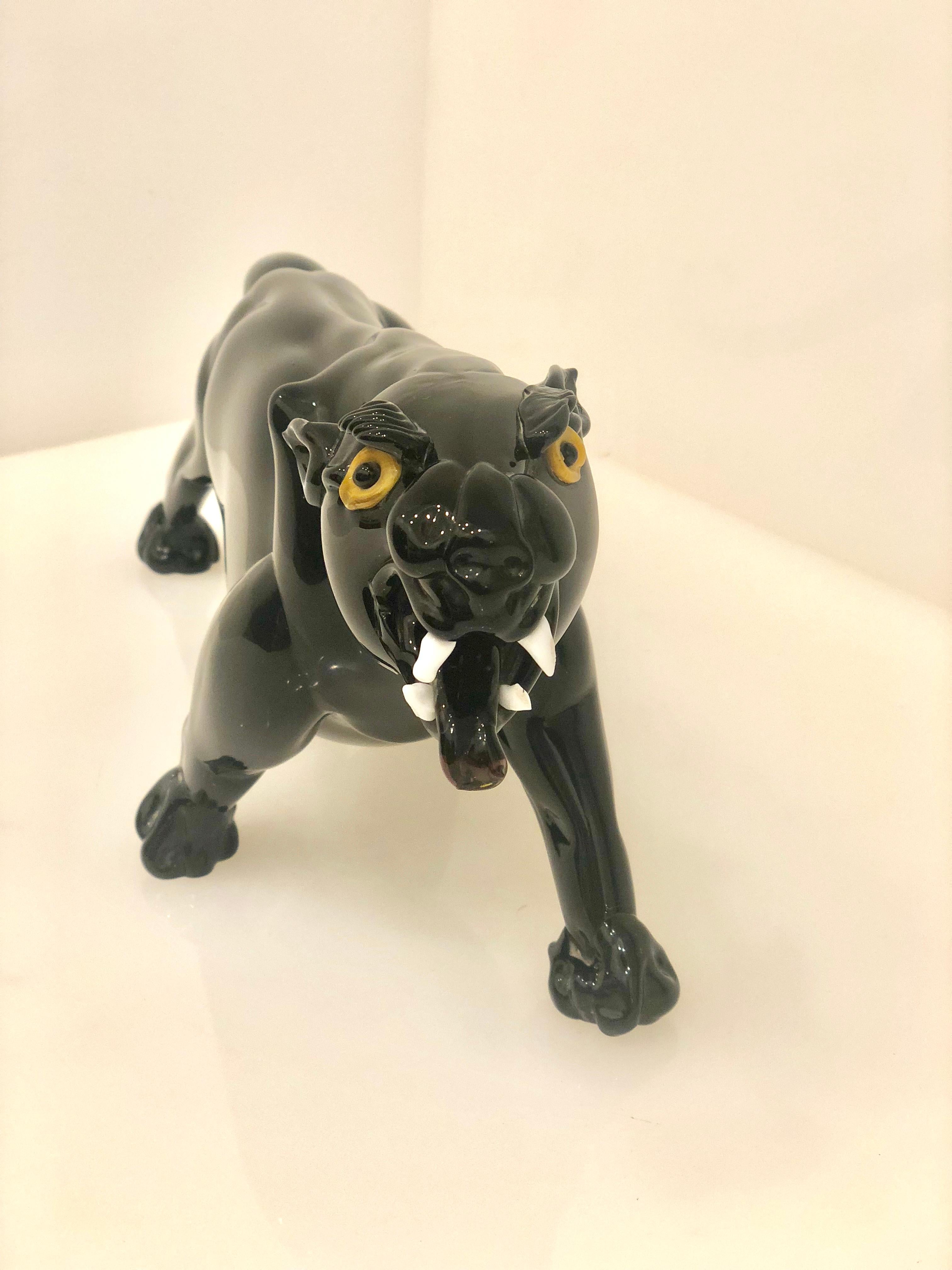 Mid-Century Modern Striking Black Panther Murano Glass Sculpture Attributed to Romano Dona