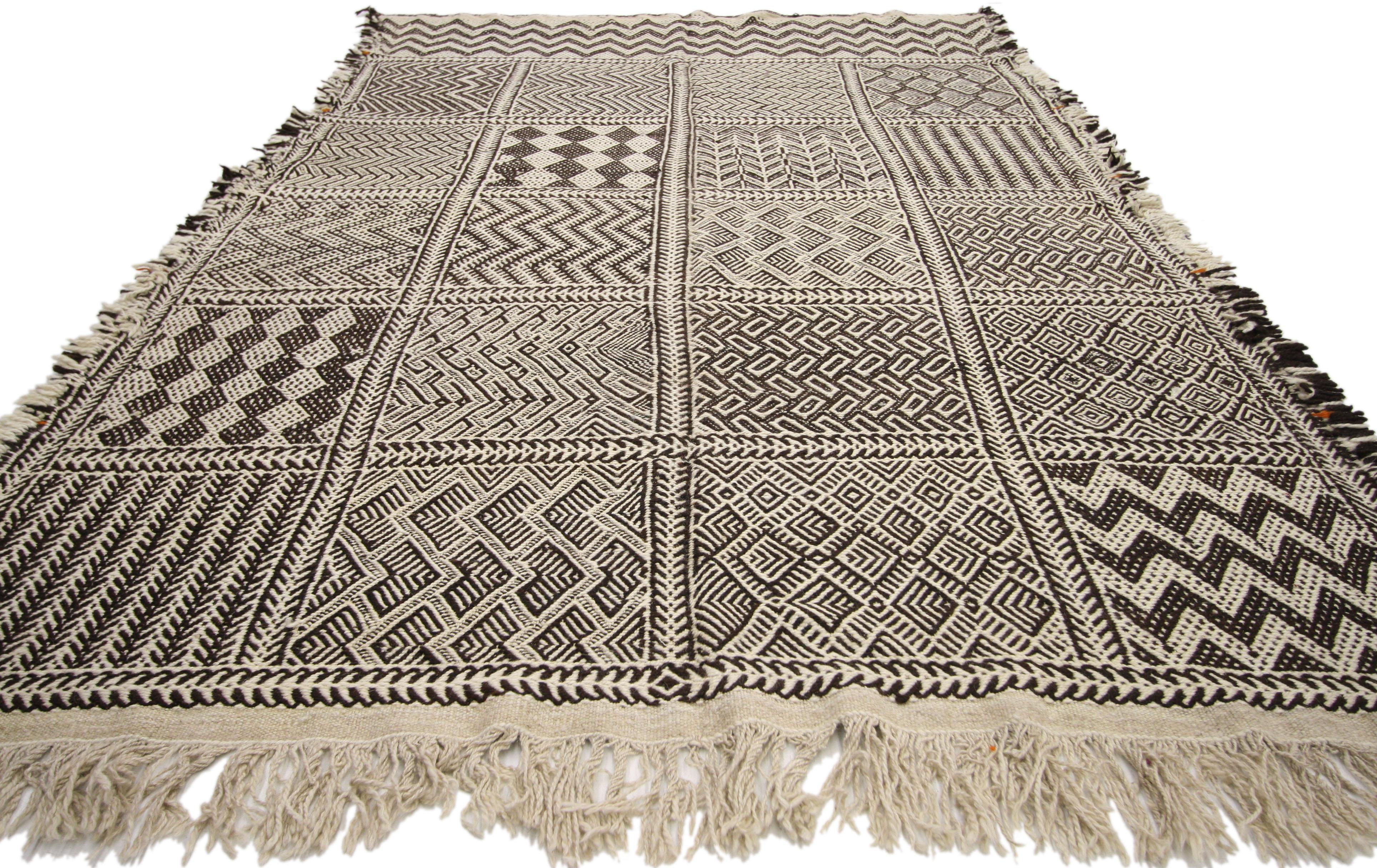 Tribal Vintage Zanafi Moroccan Kilim Rug with Zillij Style, Moroccan Tile Pattern Rug