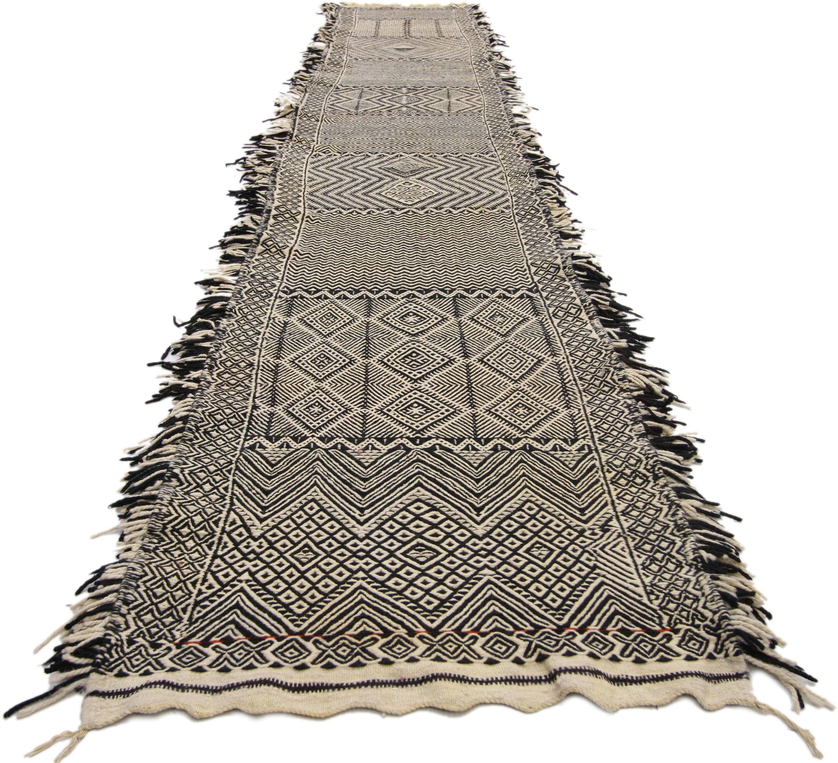 Tribal Vintage Zanafi Moroccan Kilim Runner with Geometric Pattern, Long Hallway Runner