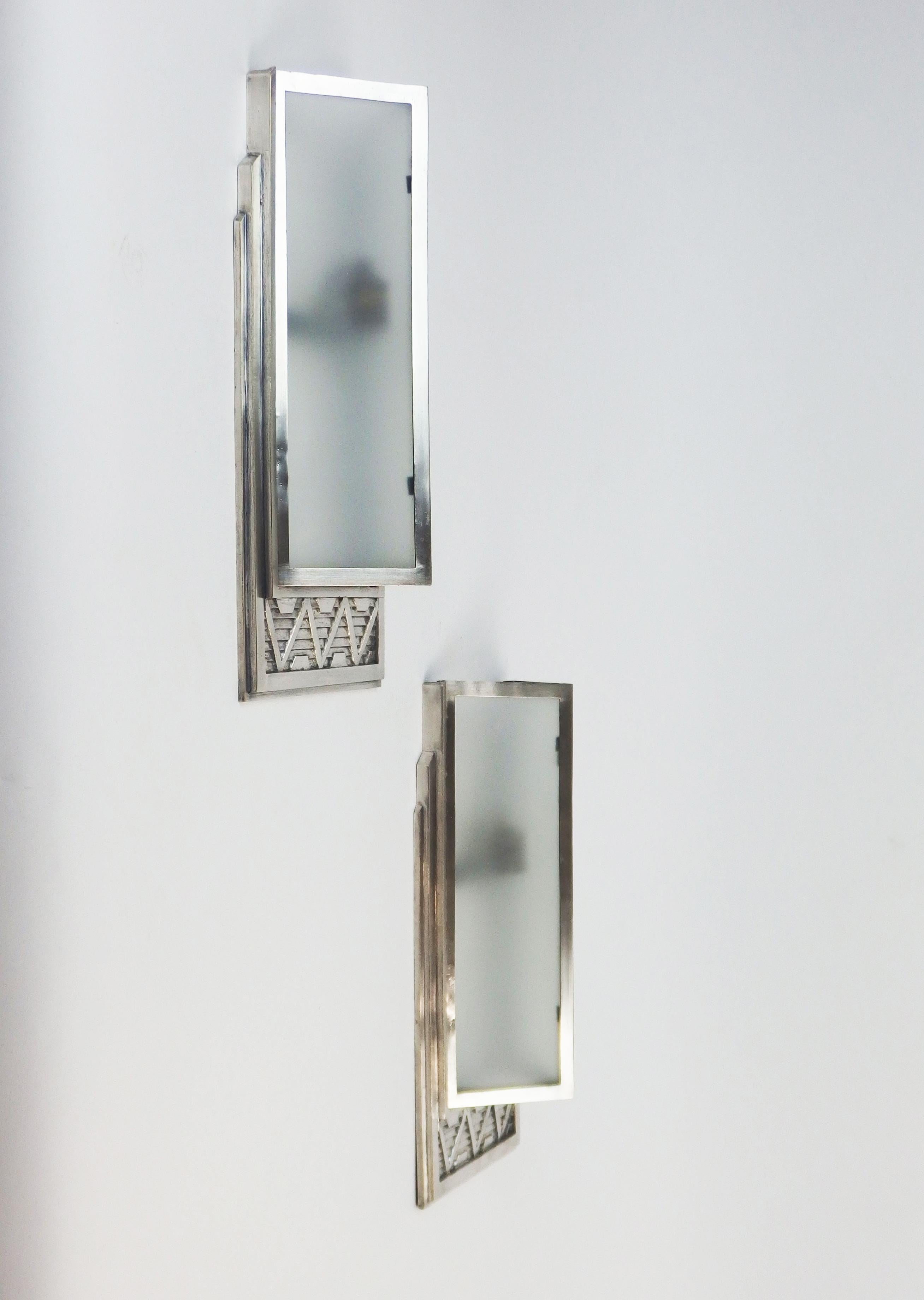 French Pair of Art Deco Silvered Bronze Sconces by Georges -Marius Boretti