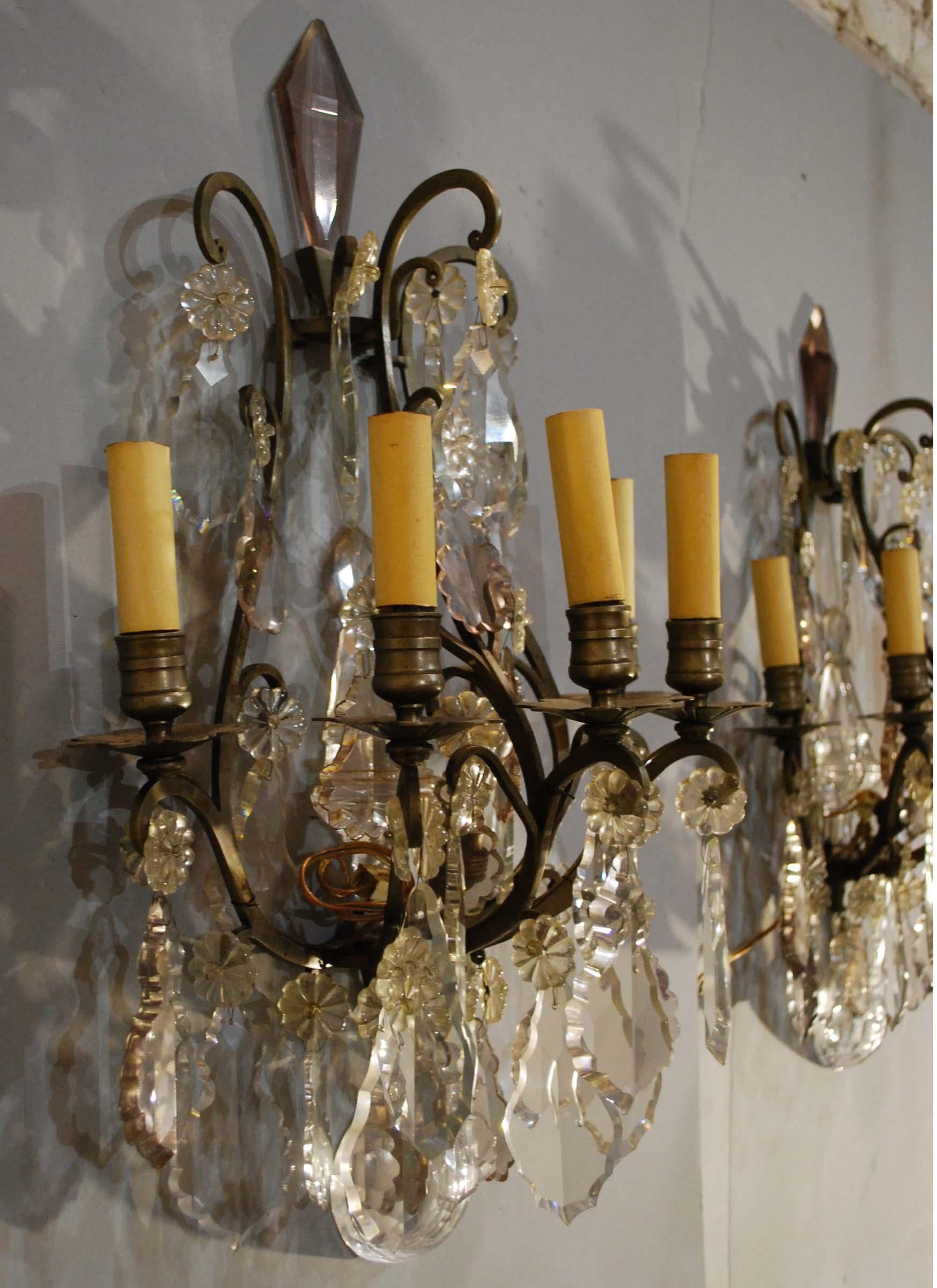 19th Century Pair of Bronze French Wall Sconces Hung with Crystal In Excellent Condition In Casteren, NL