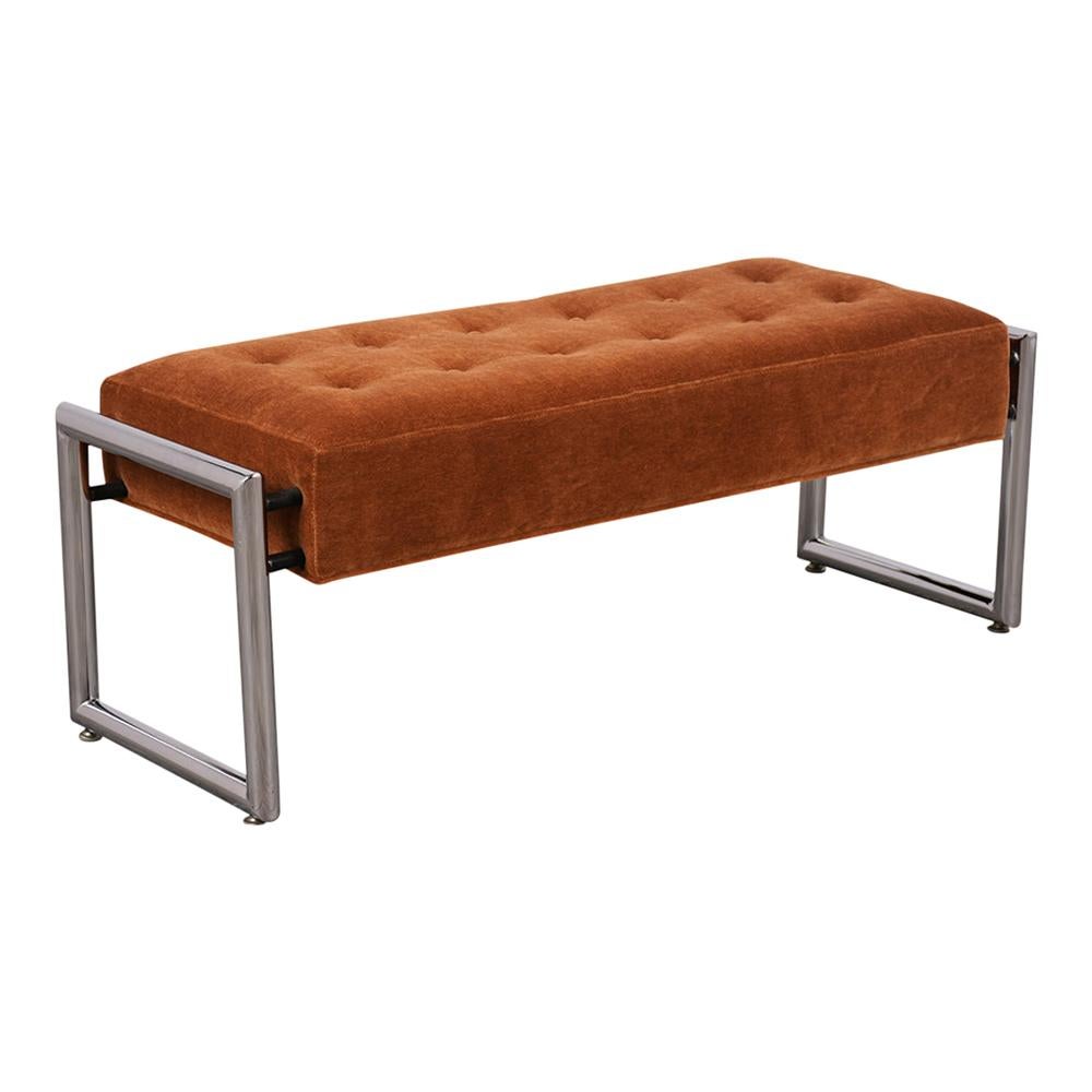 This extraordinary 1960s vintage modern bench is hand-crafted out of steel and is in great condition completely restored and reupholstered by our professional expert craftsman team in the house, This bench is sleek feautres a tubular steel pedestal