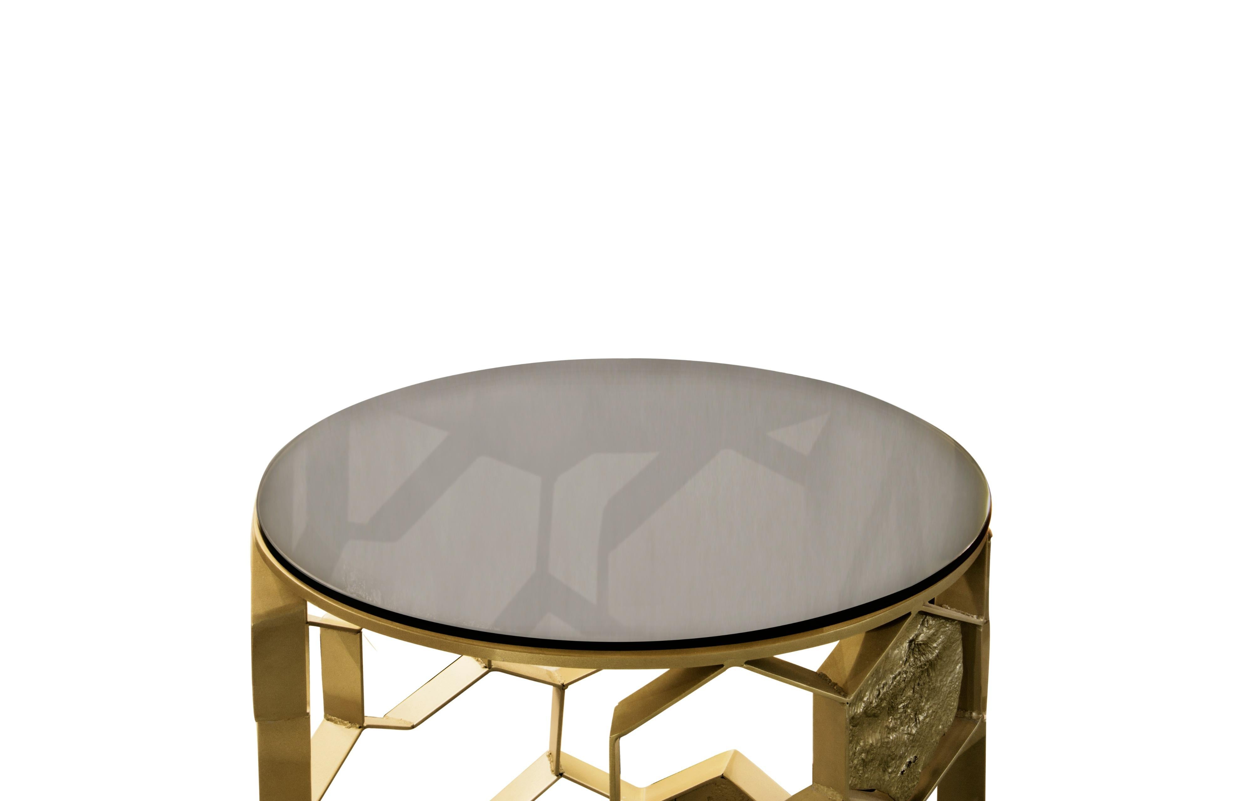 Portuguese Manuka Side Table in Brass with Glass Top by Brabbu For Sale