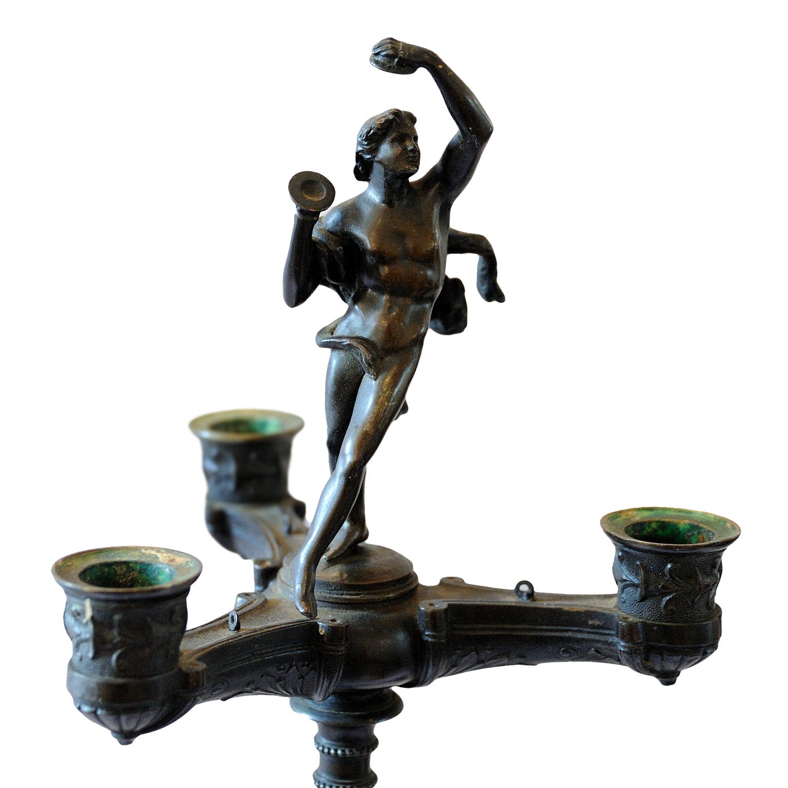 Pair of Italian Neapolitan Bronze Greco Roman Candelabra, circa 1840 In Good Condition For Sale In Tetbury, Gloucestershire