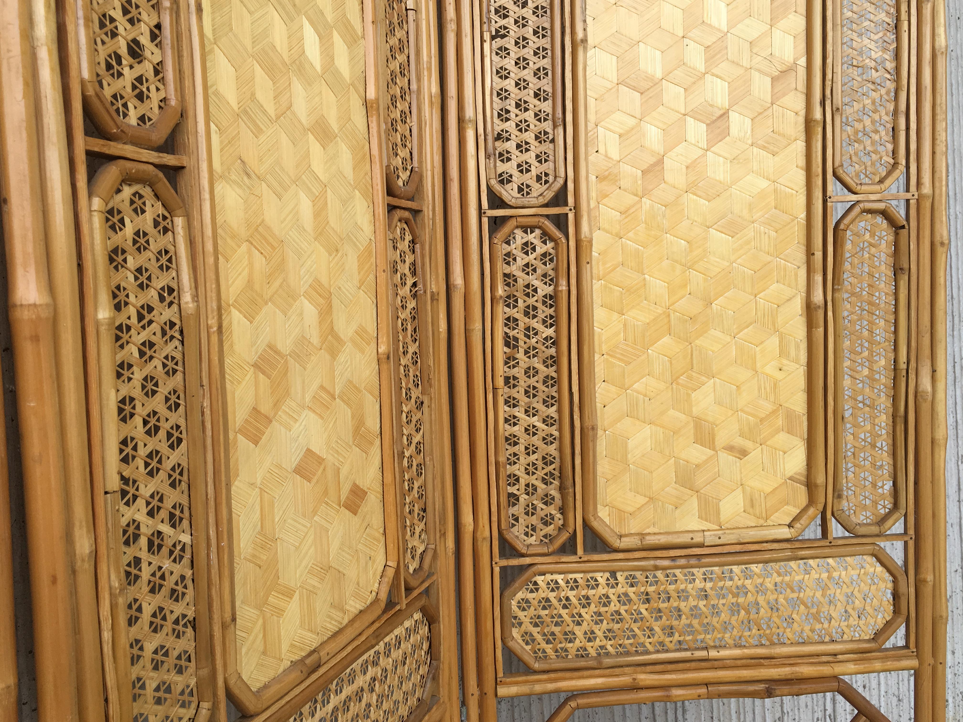 Mid-Century Modern Midcentury Rattan Room Divider or Screen Four-Fold Screen, Split Bamboo