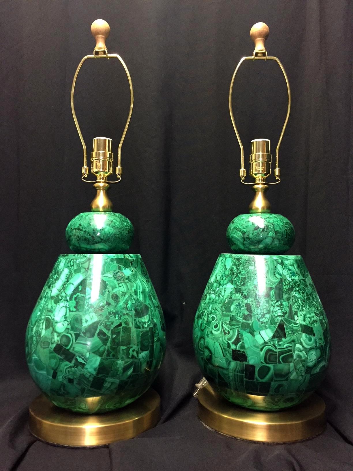 Polished Pair of Brass and Malachite Veneered Lamps with Shades