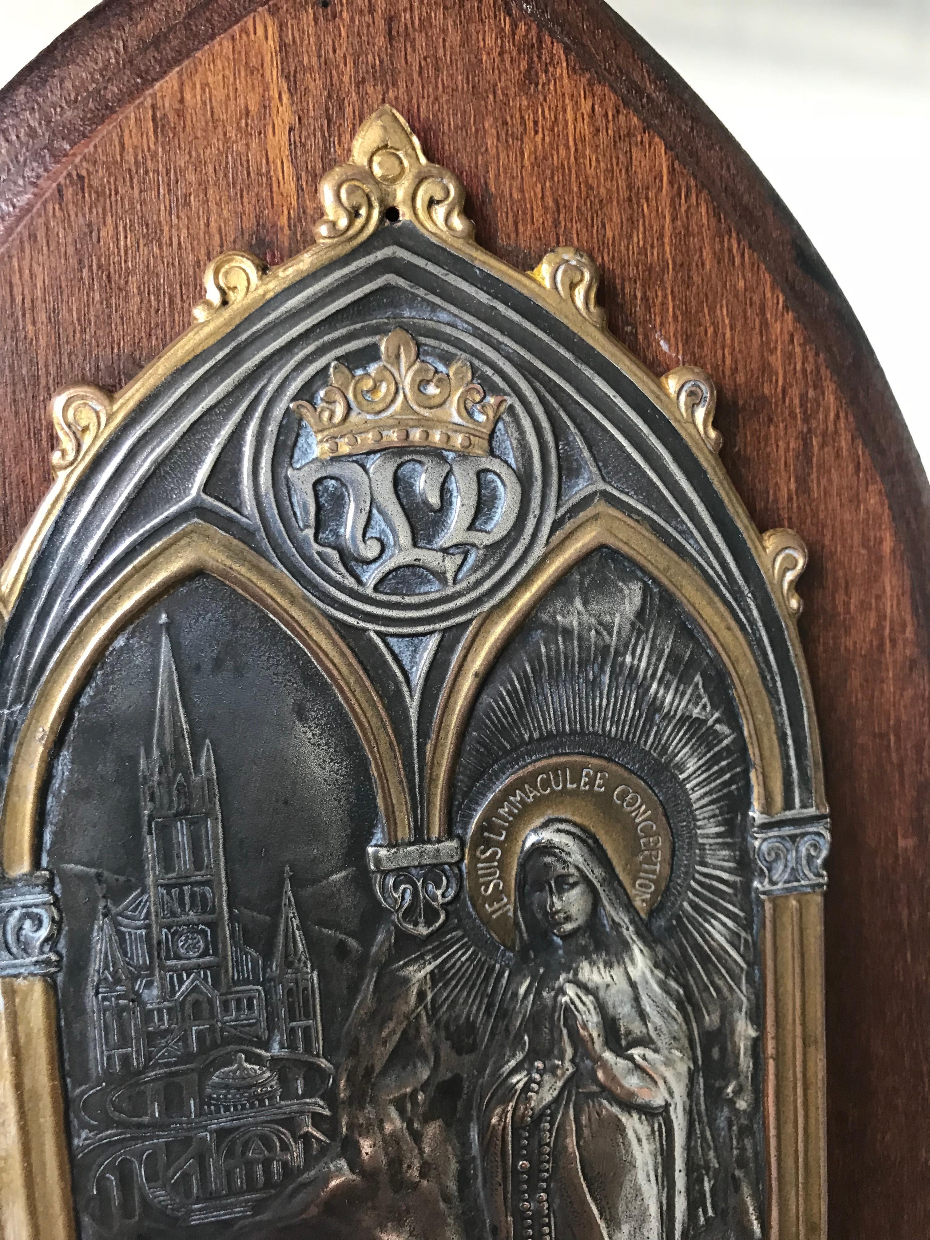 French Silver Plate Plaque of Mary Notre Dame De Lourdes in Prayer W Wooden Easel Stand
