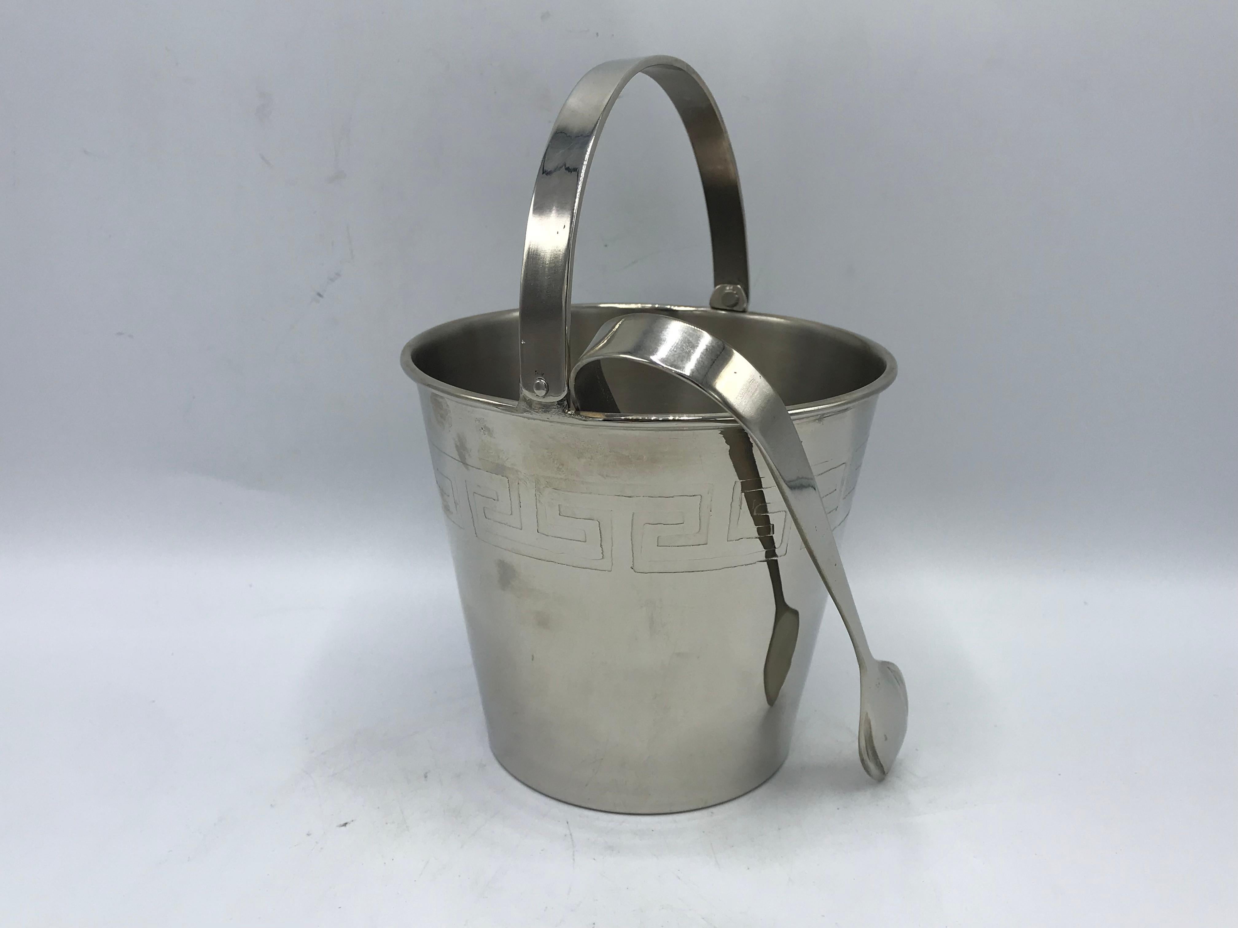 Polished 1970s Chrome Ice Bucket and Tongs with Greek Key Motif For Sale