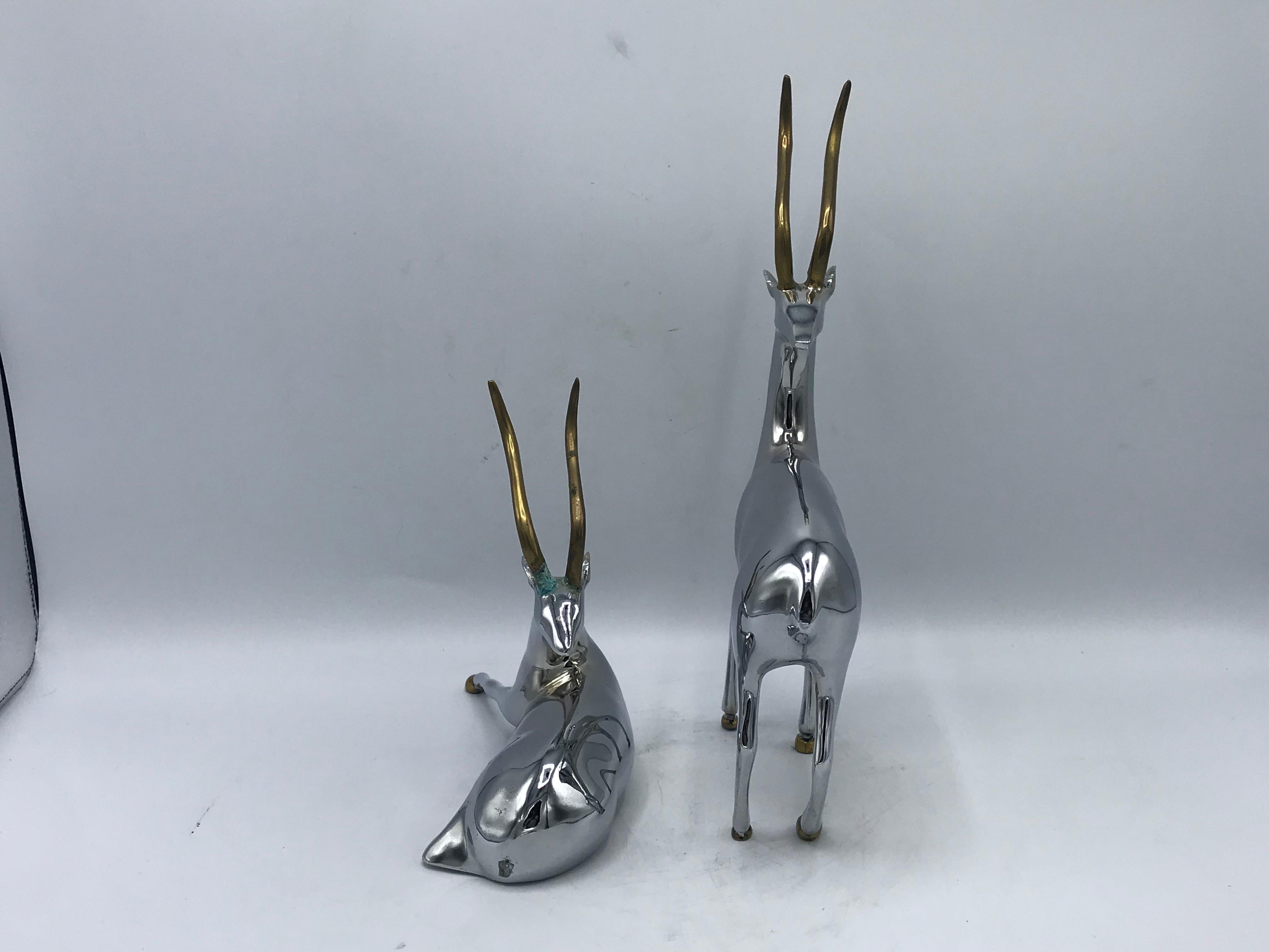 Polished 1960s Chrome and Brass Gazelle Sculptures, Pair For Sale