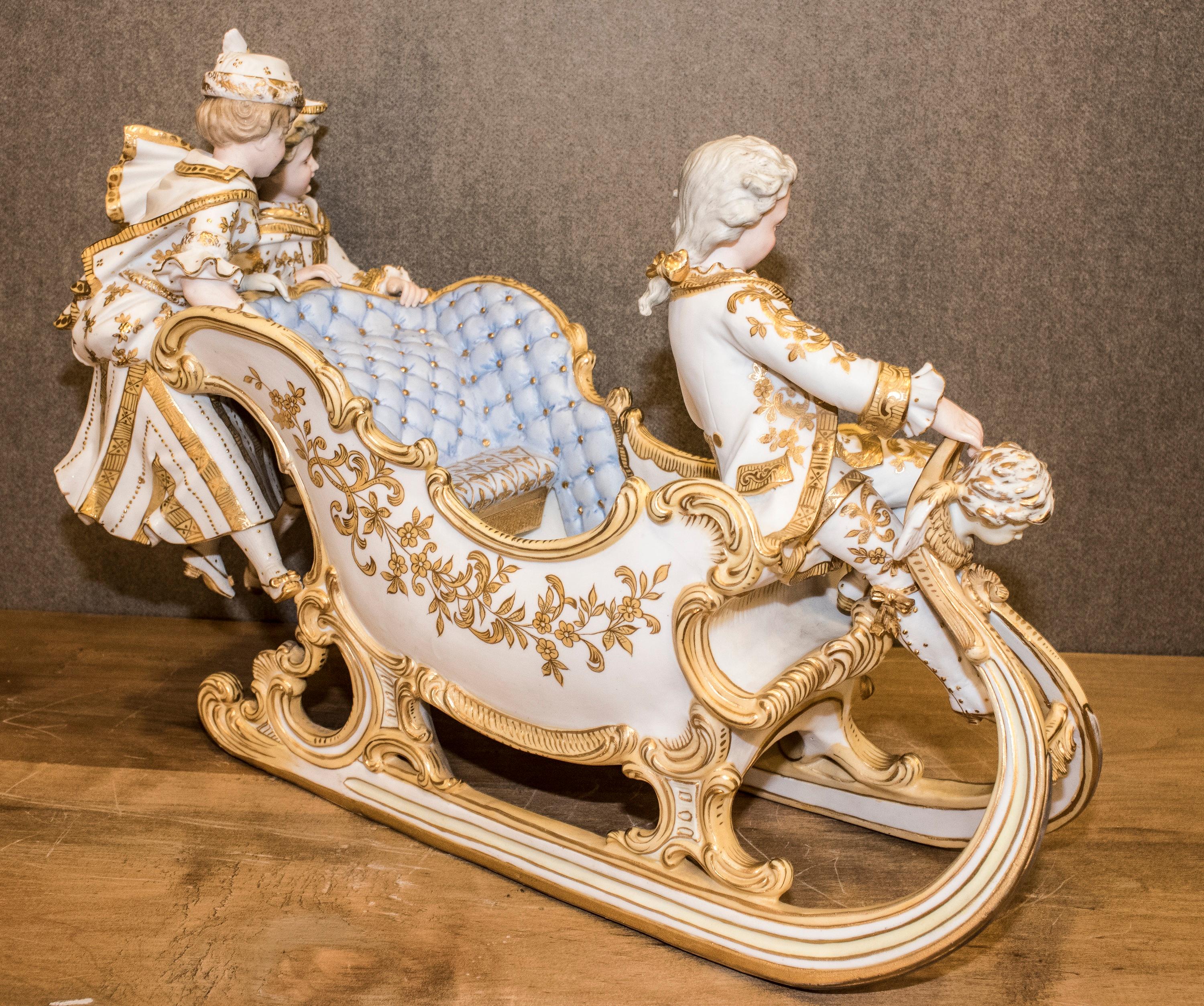 Polychromed 19th Century Polychrome Porcelain Central European Baroque Sleigh