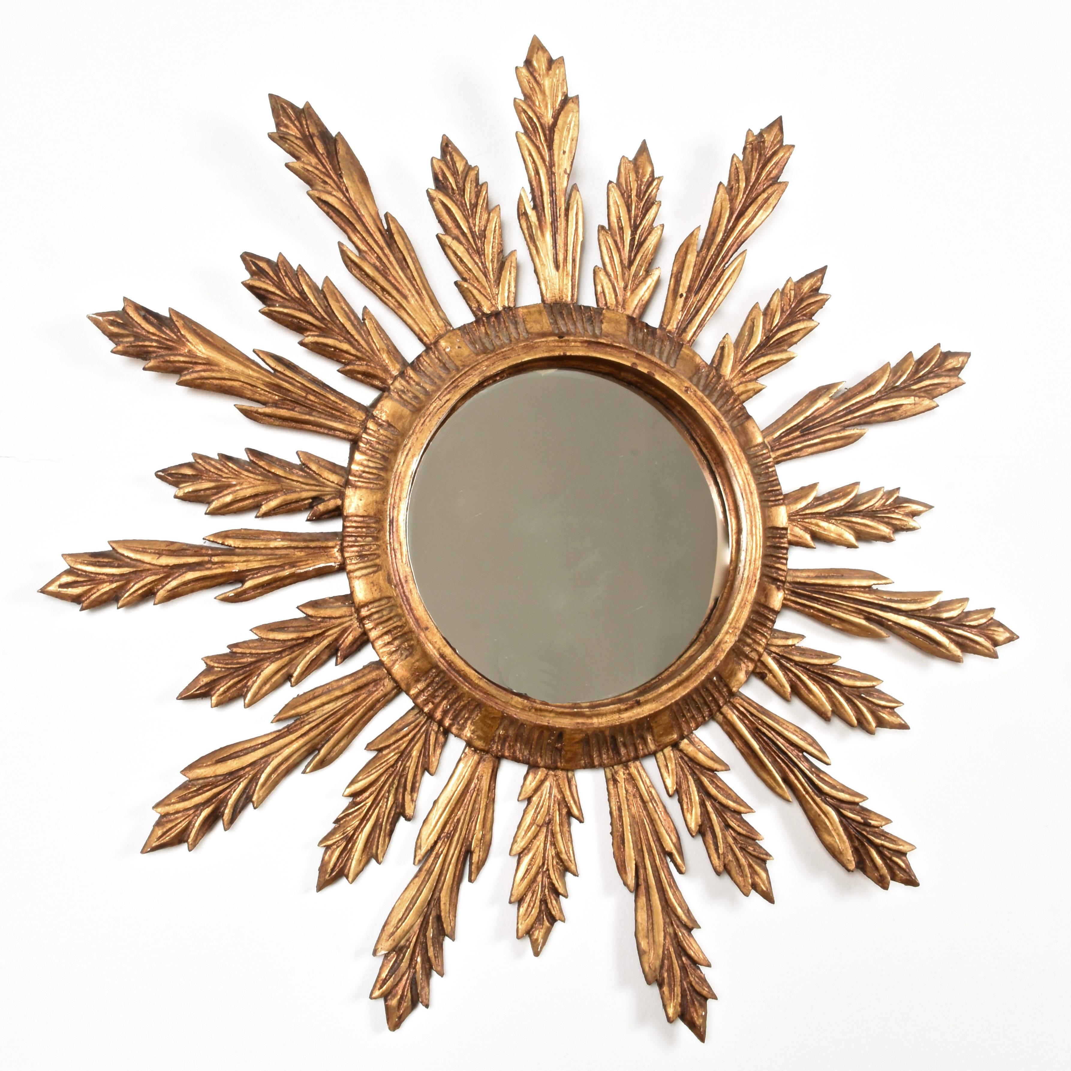 Mid-Century Modern Wall Mirror in Gilded Wood, Giltwood Sunburst Vintage, France 1950s, Lucky Charm
