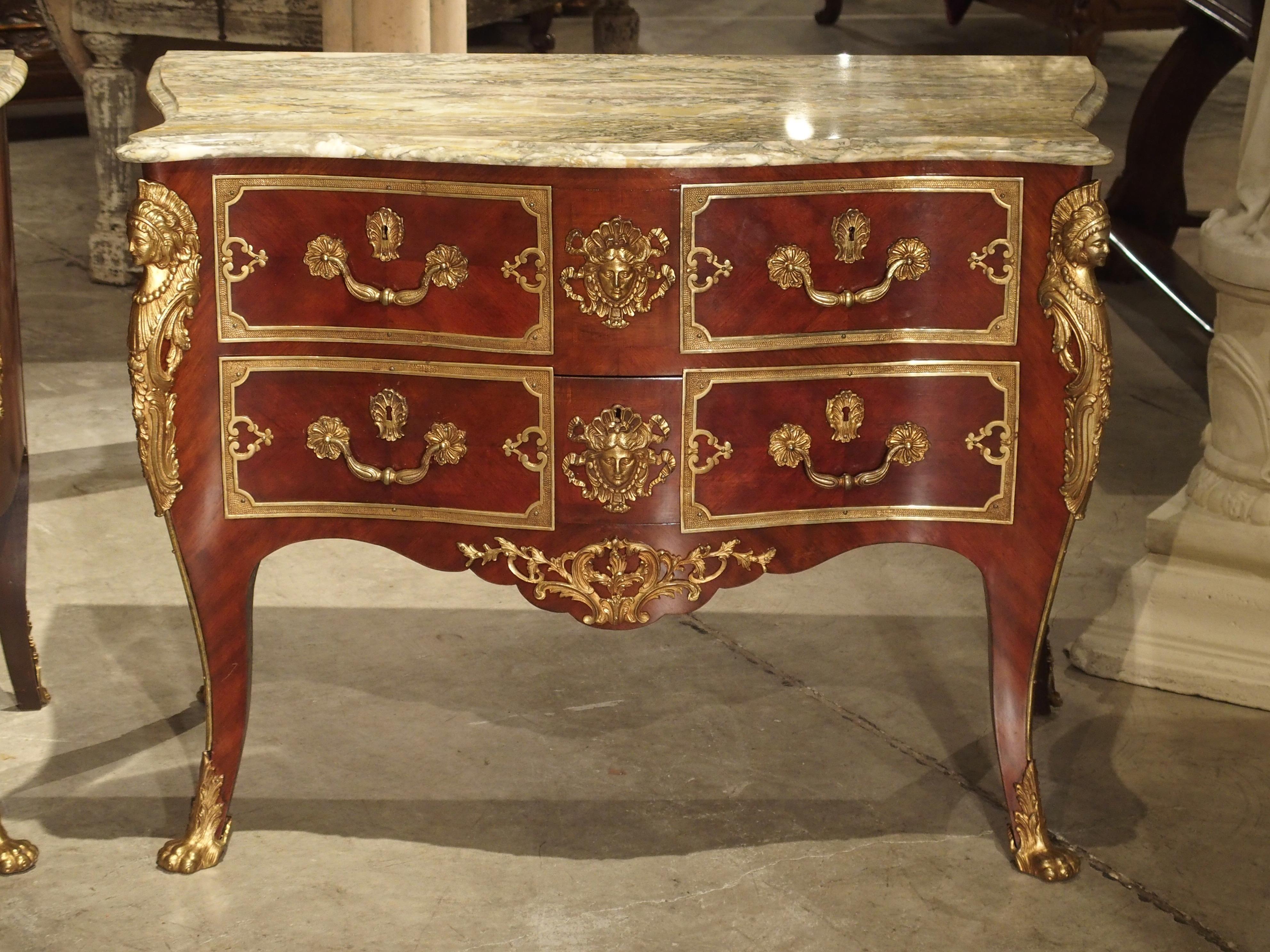Pair of Early 1900s Mahogany and Gilt Bronze Mounted Louis XV Style Commodes In Good Condition In Dallas, TX