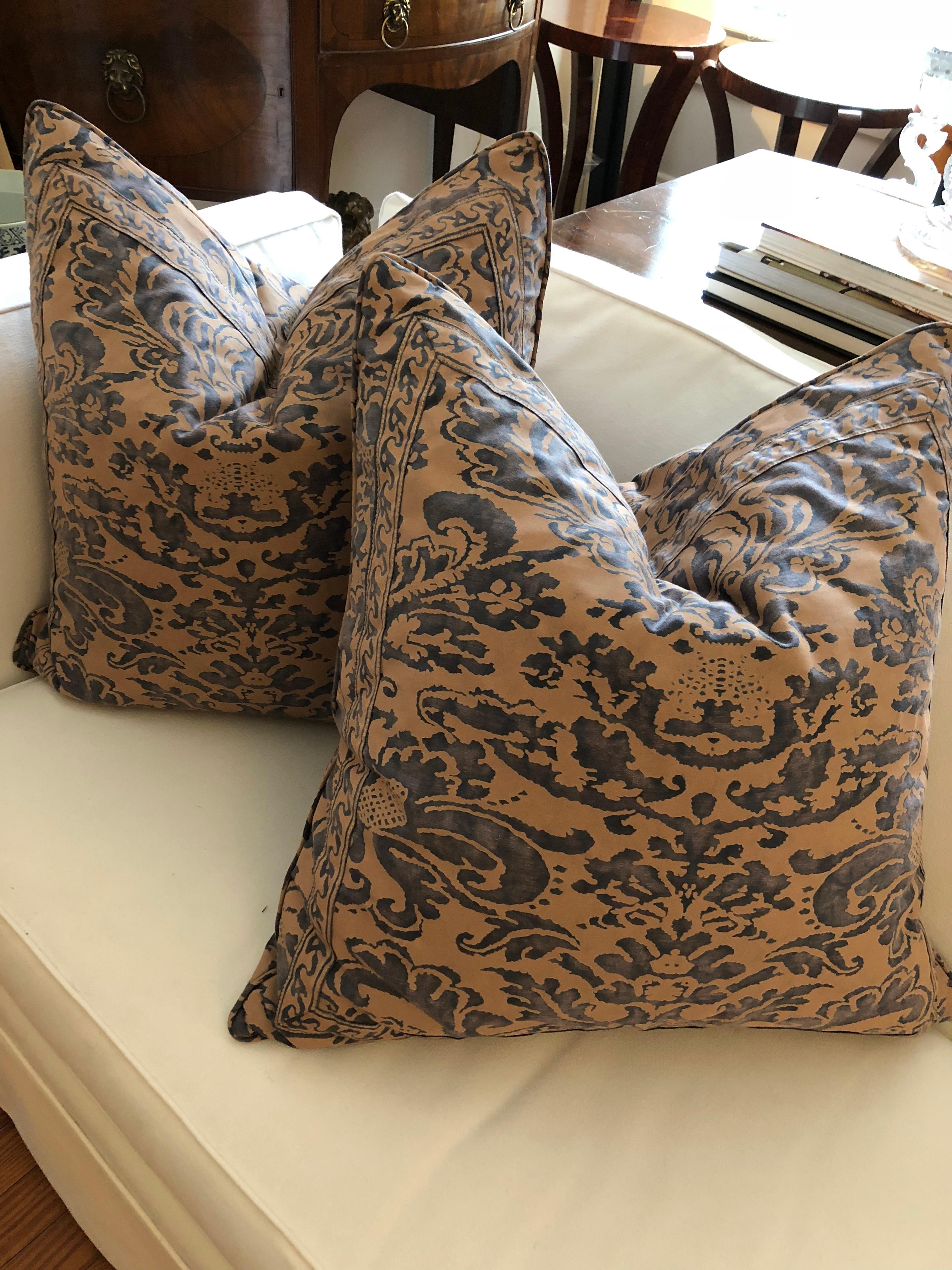Pair of Blue and Taupe Fortuny Cushions in the 