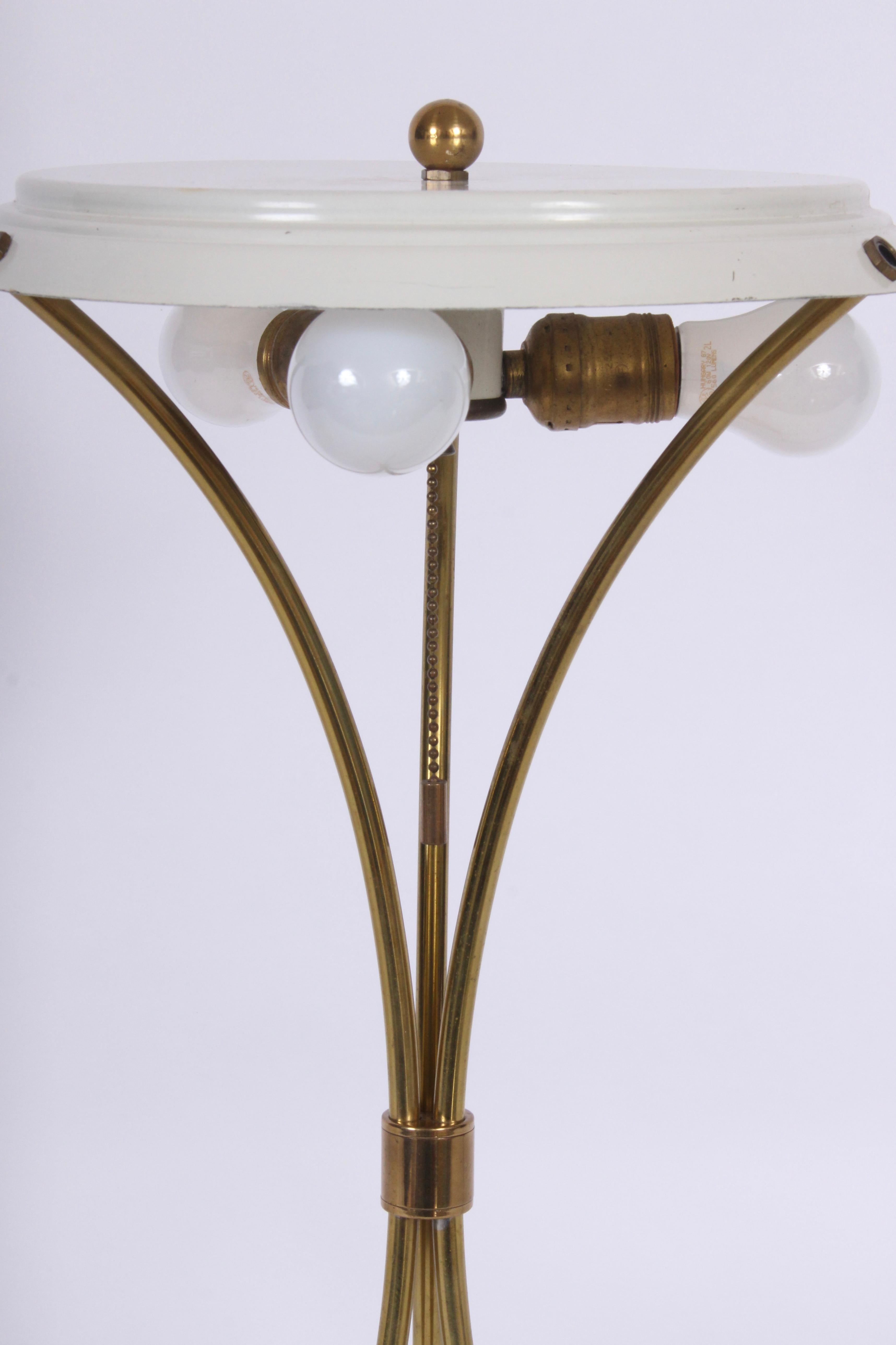 American Gerald Thurston Curved Brass Tripod Table Lamp with White Shade, circa 1950