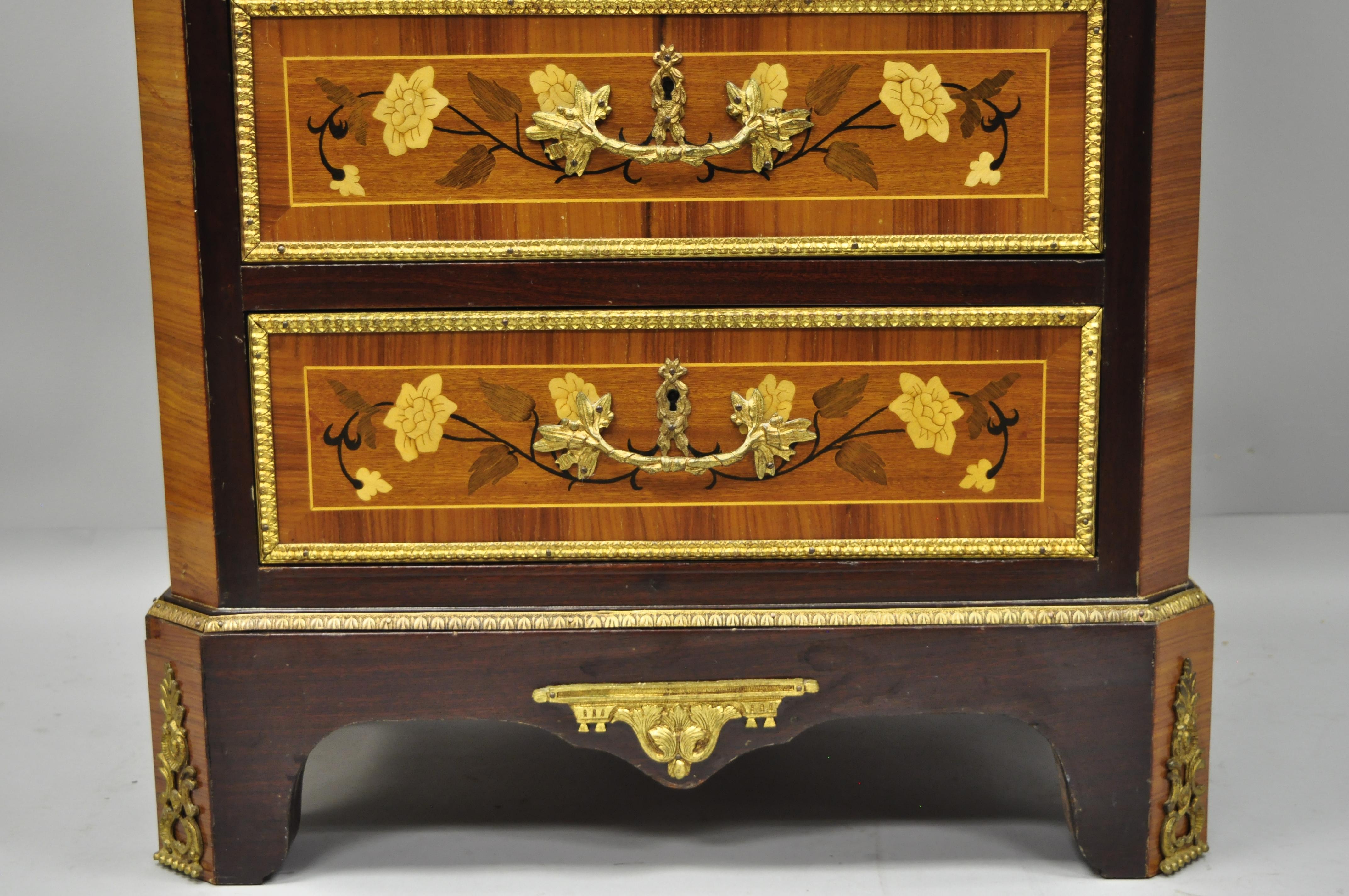 Louis XV French Style Marble-Top Inlaid Seven-Drawer Lingerie Tall Chest In Good Condition In Philadelphia, PA