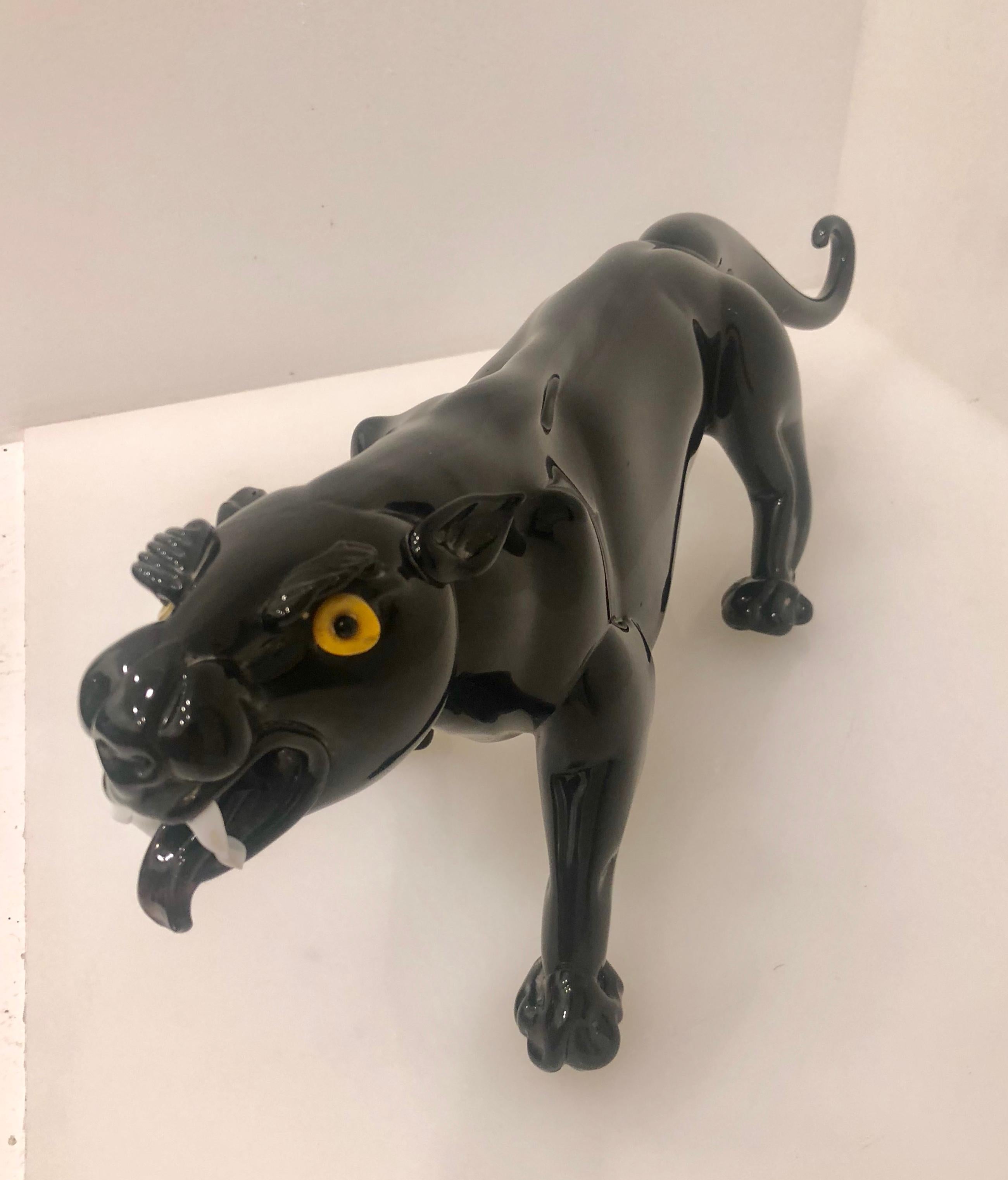 Italian Striking Black Panther Murano Glass Sculpture Attributed to Romano Dona