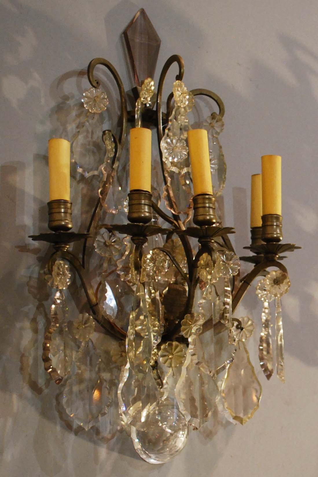 19th Century Pair of Bronze French Wall Sconces Hung with Crystal 1