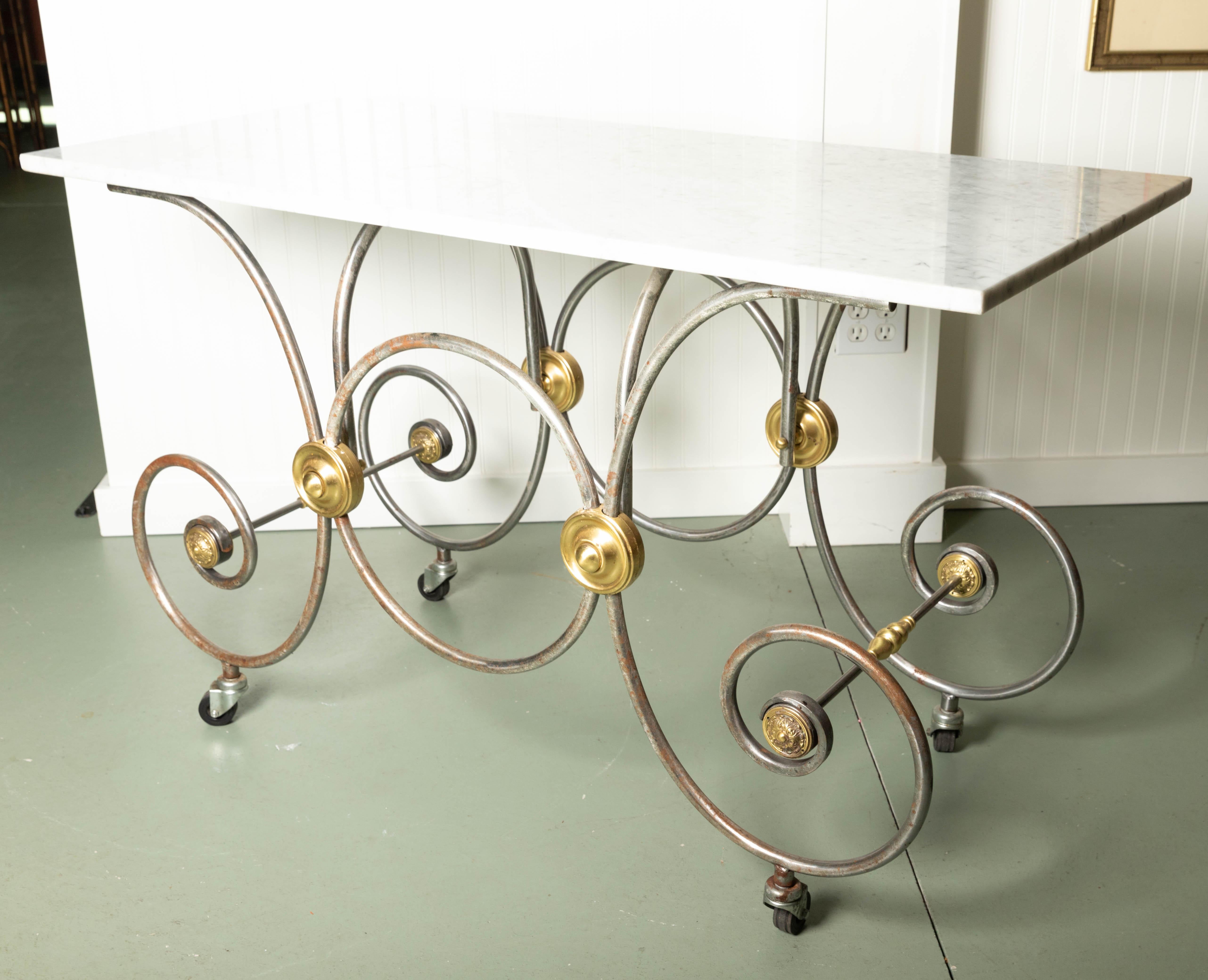 French Style, Marble Top Bakers Table with Brass and Metal Base In Good Condition For Sale In Southampton, NY