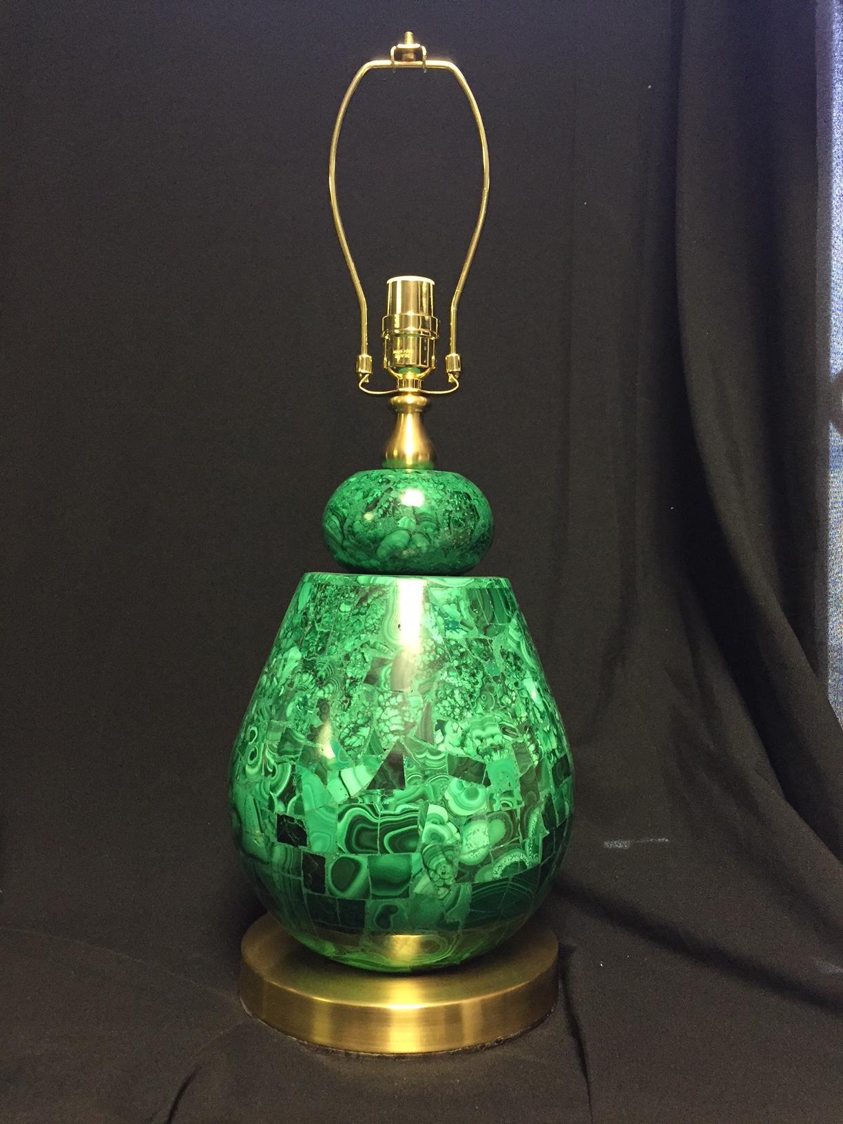 Pair of Brass and Malachite Veneered Lamps with Shades In Excellent Condition In Cypress, CA