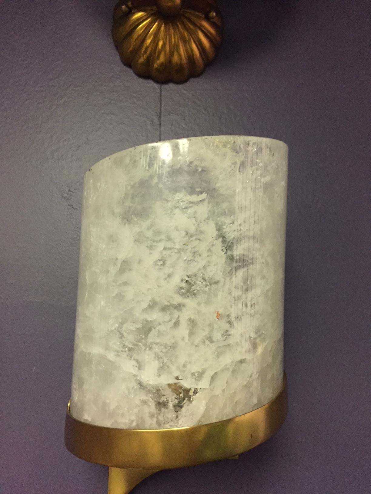 Pair of Modern Style Carved Rock Crystal and Brass Sconces In Excellent Condition In Cypress, CA
