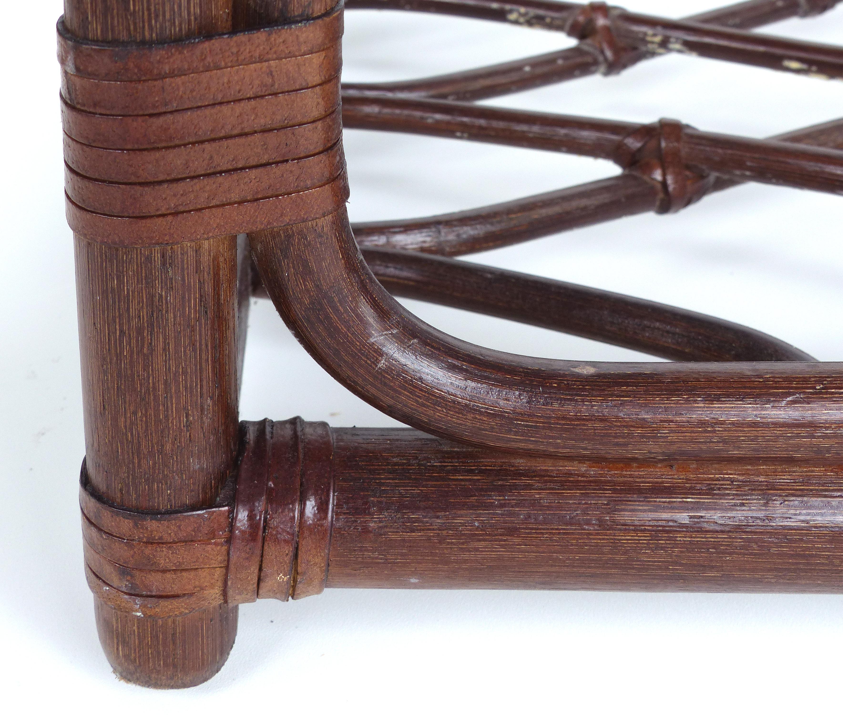 American Rattan Side Table, Criss Cross Design, Leather Strapping attributed to McGuire