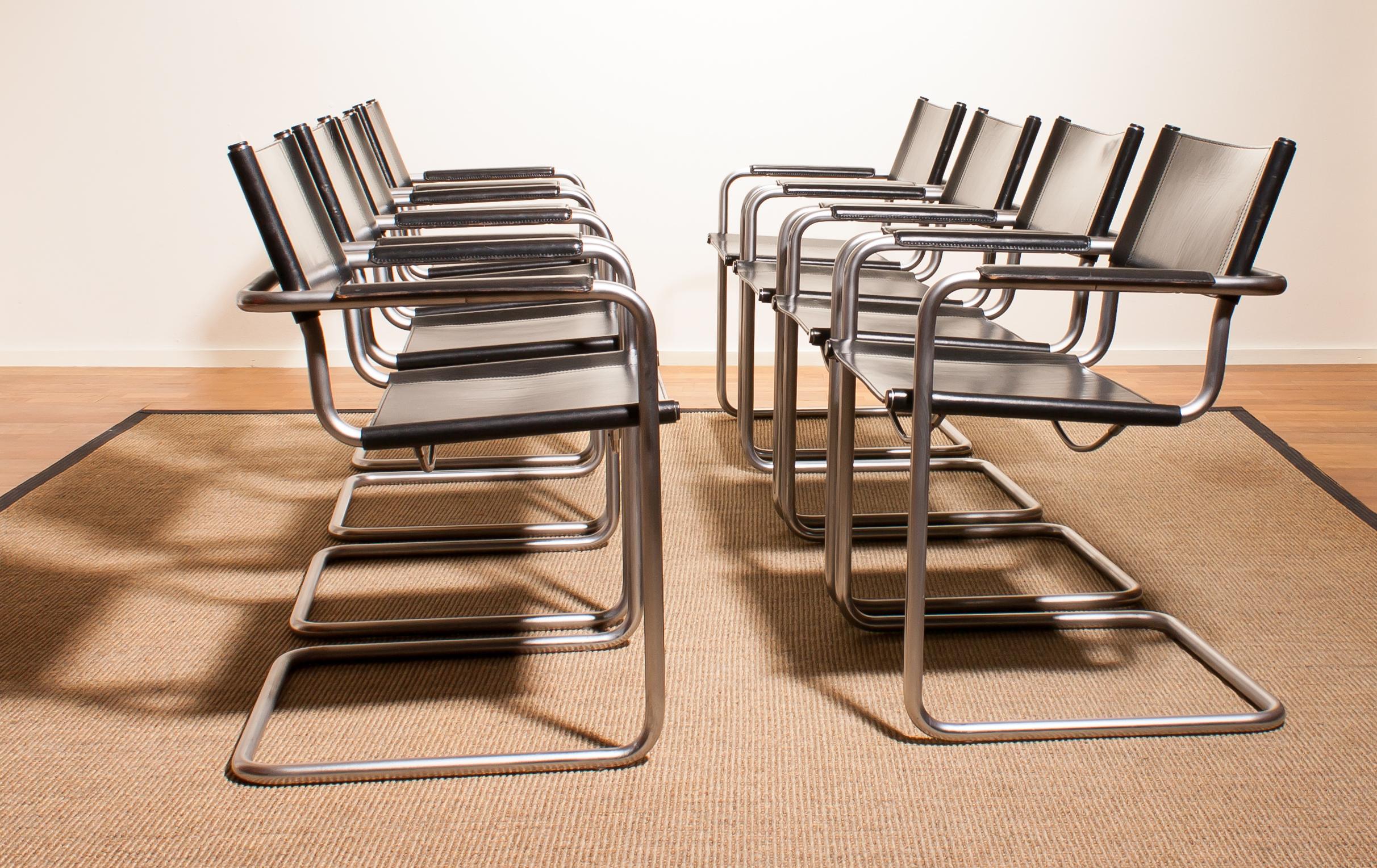 Late 20th Century 1970s Set of Eight Tubular Steel and Leather Dining Chairs by Matteo Grassi