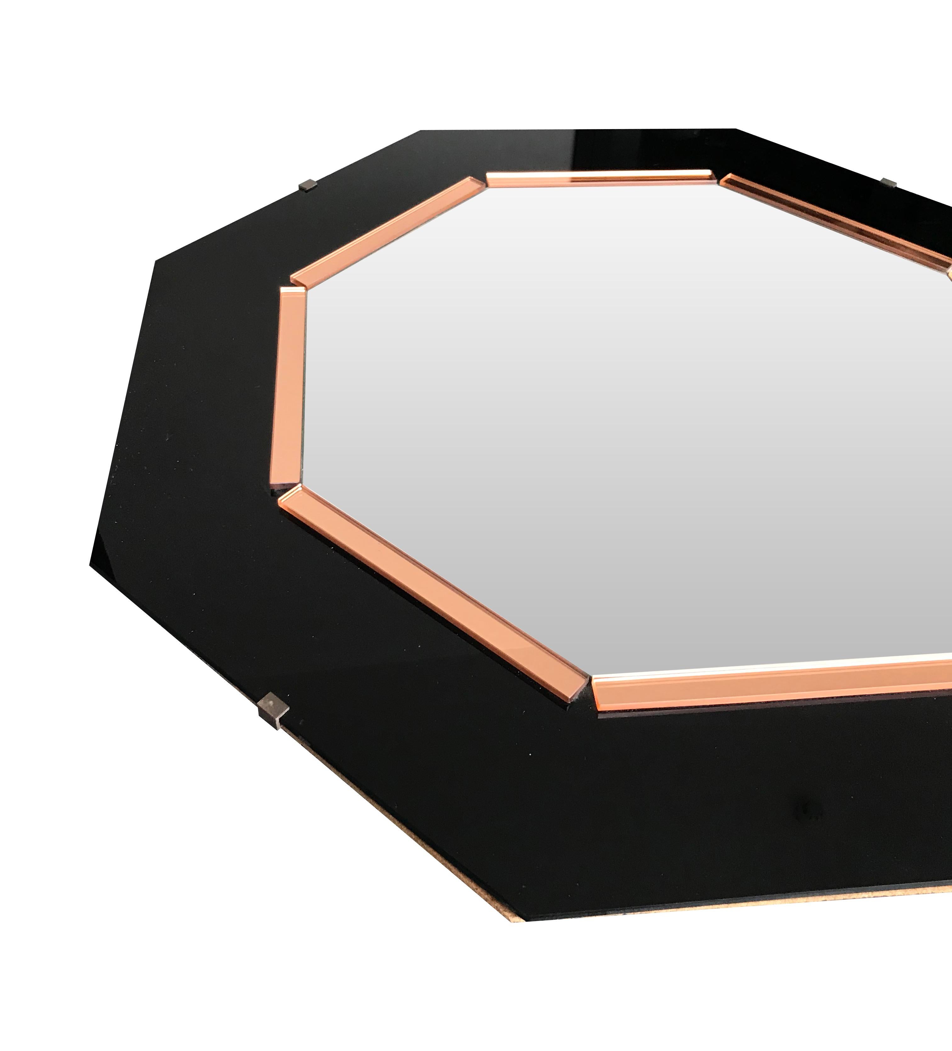 Black Glass and Rose Mirror  Art Deco Style Octagonal Mirror In Good Condition In London, GB