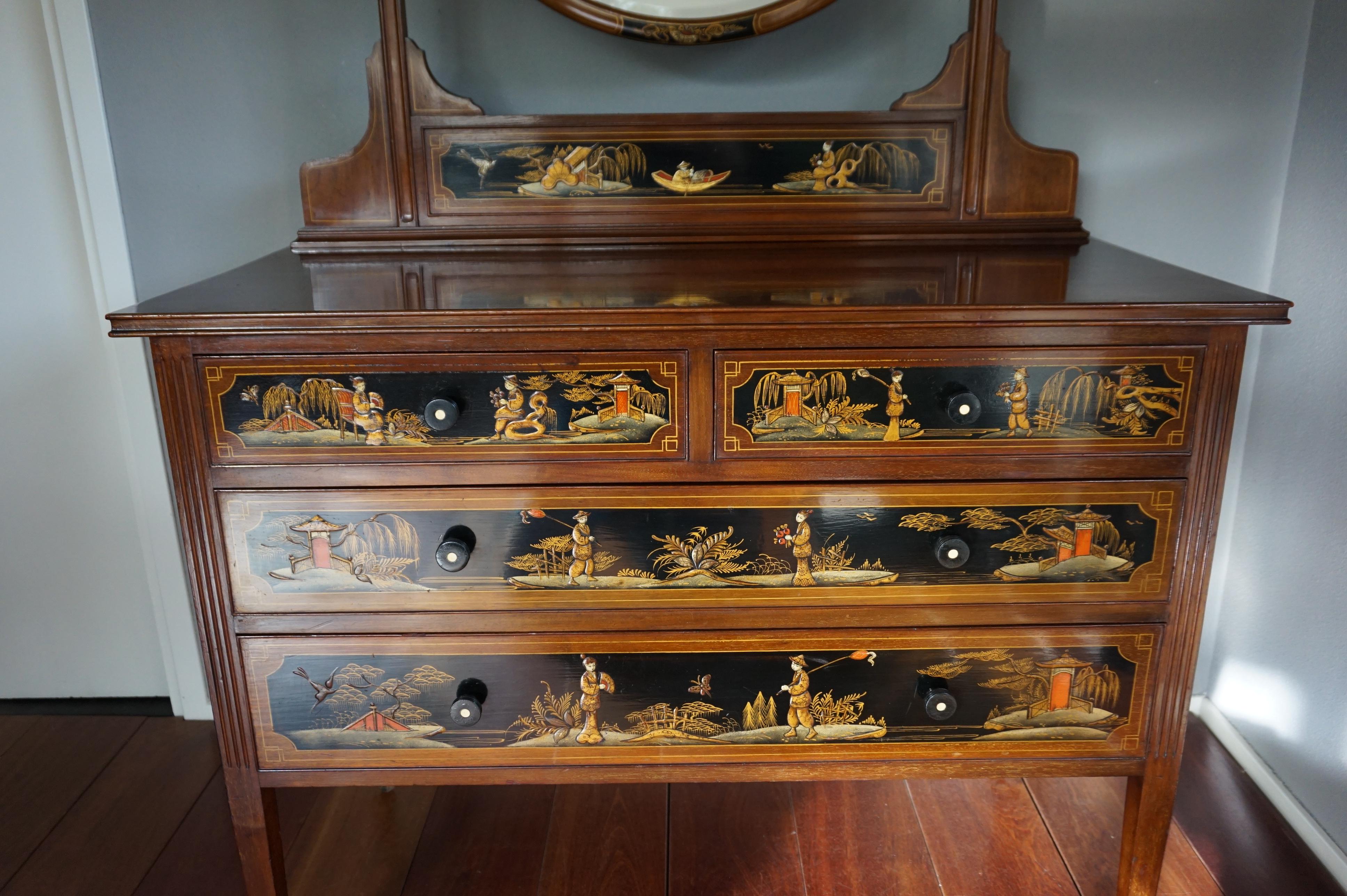 British Antique Hand-Painted Mahogany Commode W. Beveled Vanity Mirror Chinoiserie Style