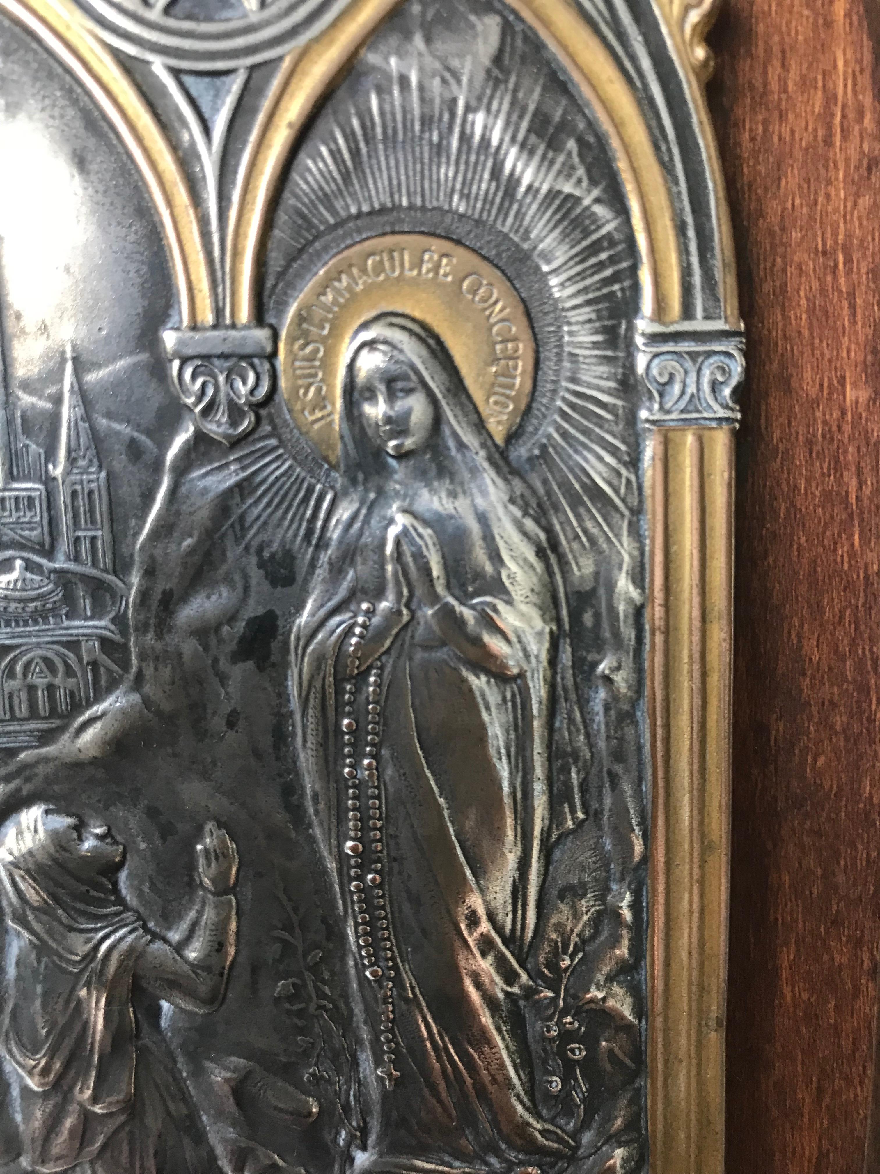 Gilt Silver Plate Plaque of Mary Notre Dame De Lourdes in Prayer W Wooden Easel Stand