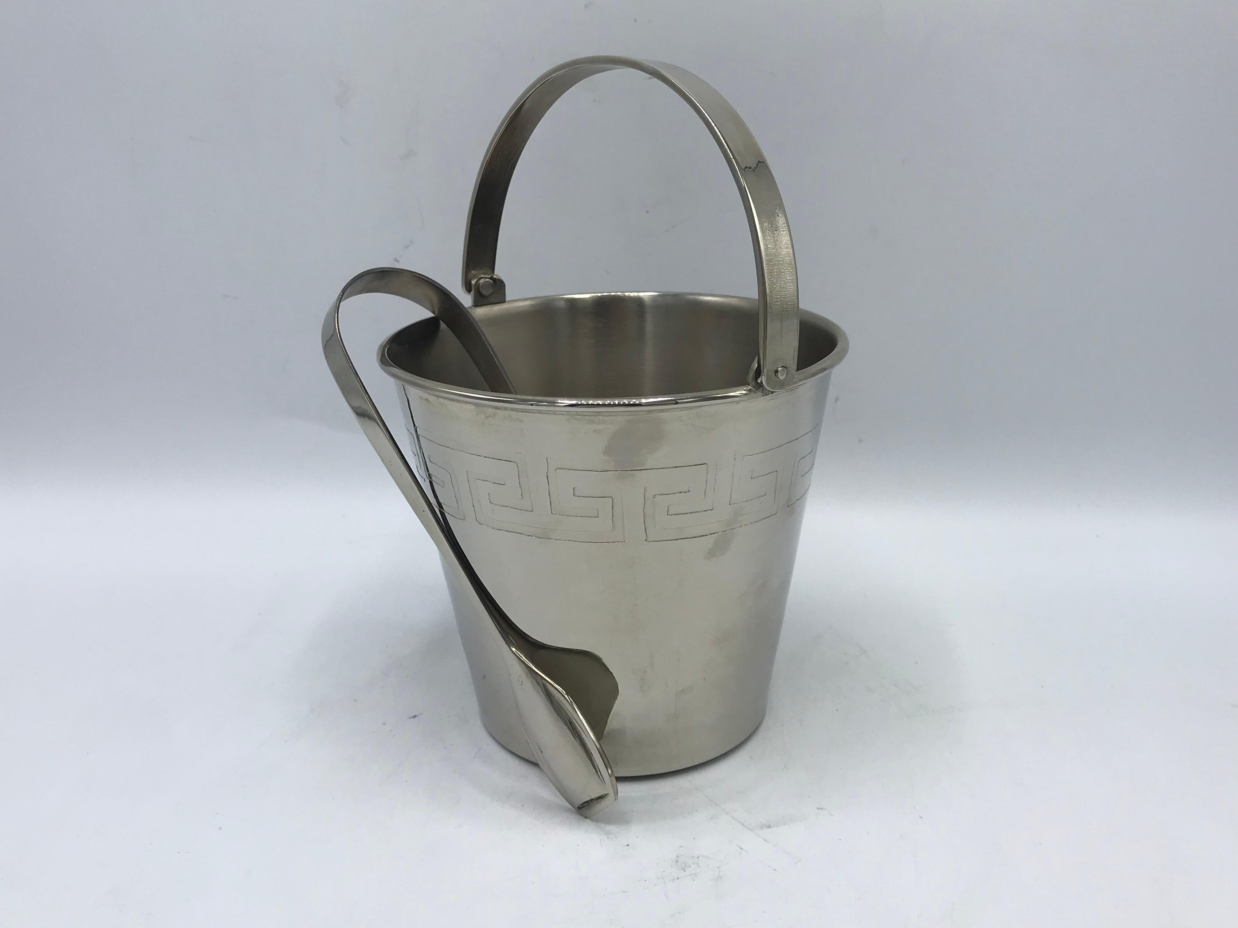 1970s Chrome Ice Bucket and Tongs with Greek Key Motif In Good Condition For Sale In Richmond, VA