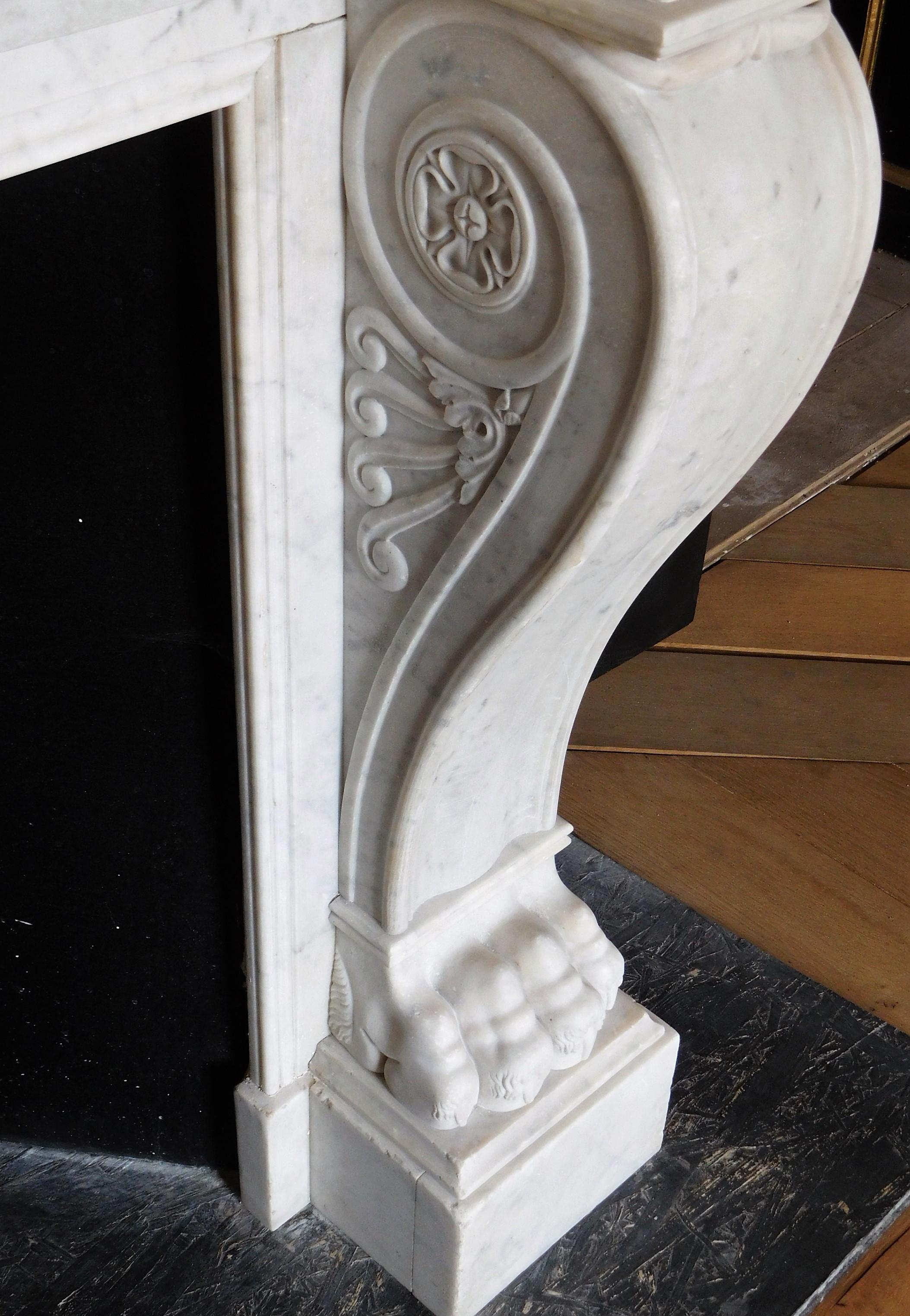 Belgian EMPIRE Fireplace Lion's Paws in Carrara Marble For Sale