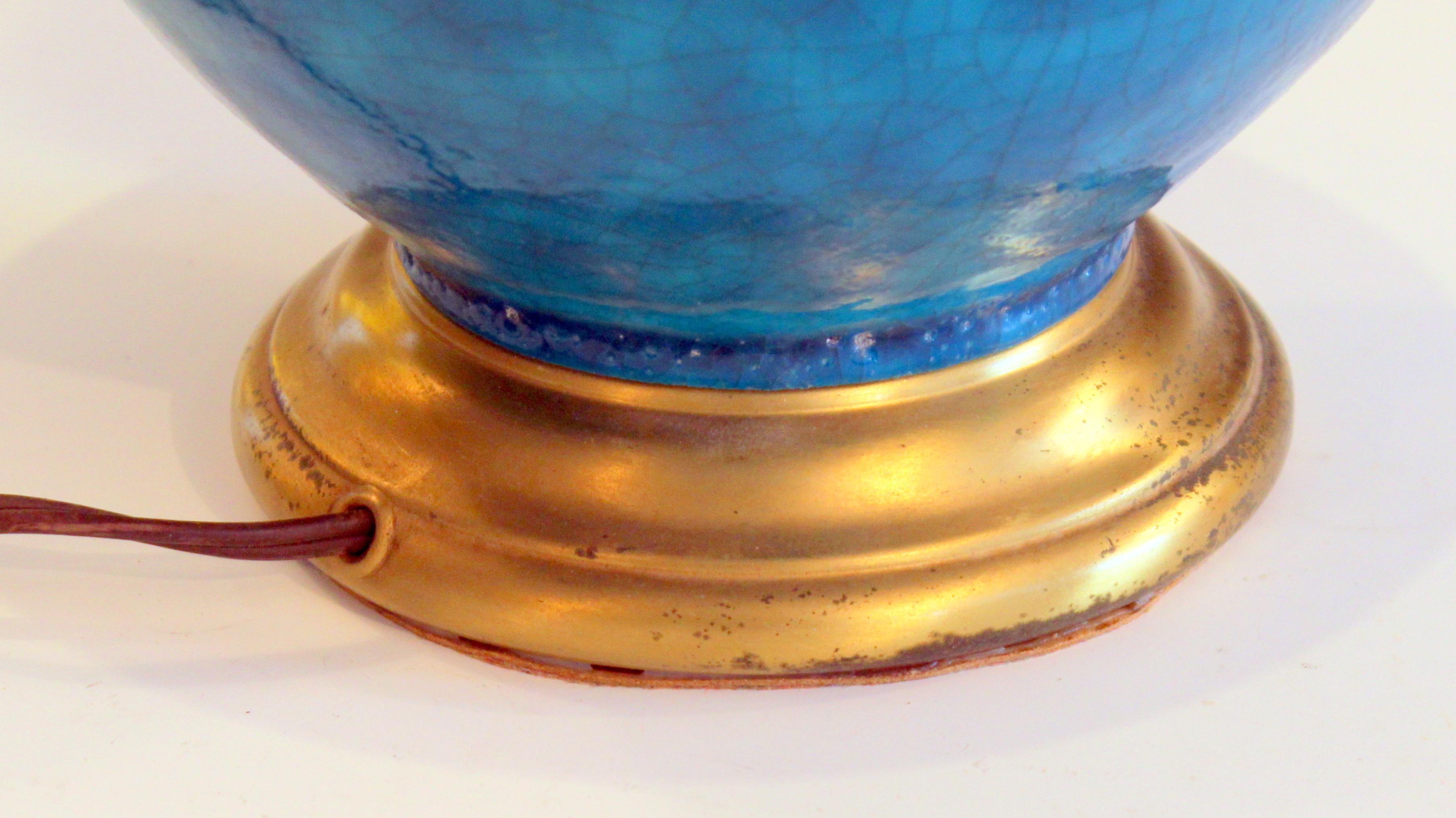 Vintage Art Pottery Lamp Old Turquoise Art Deco Egyptian Revival Crackle Glaze In Excellent Condition In Wilton, CT