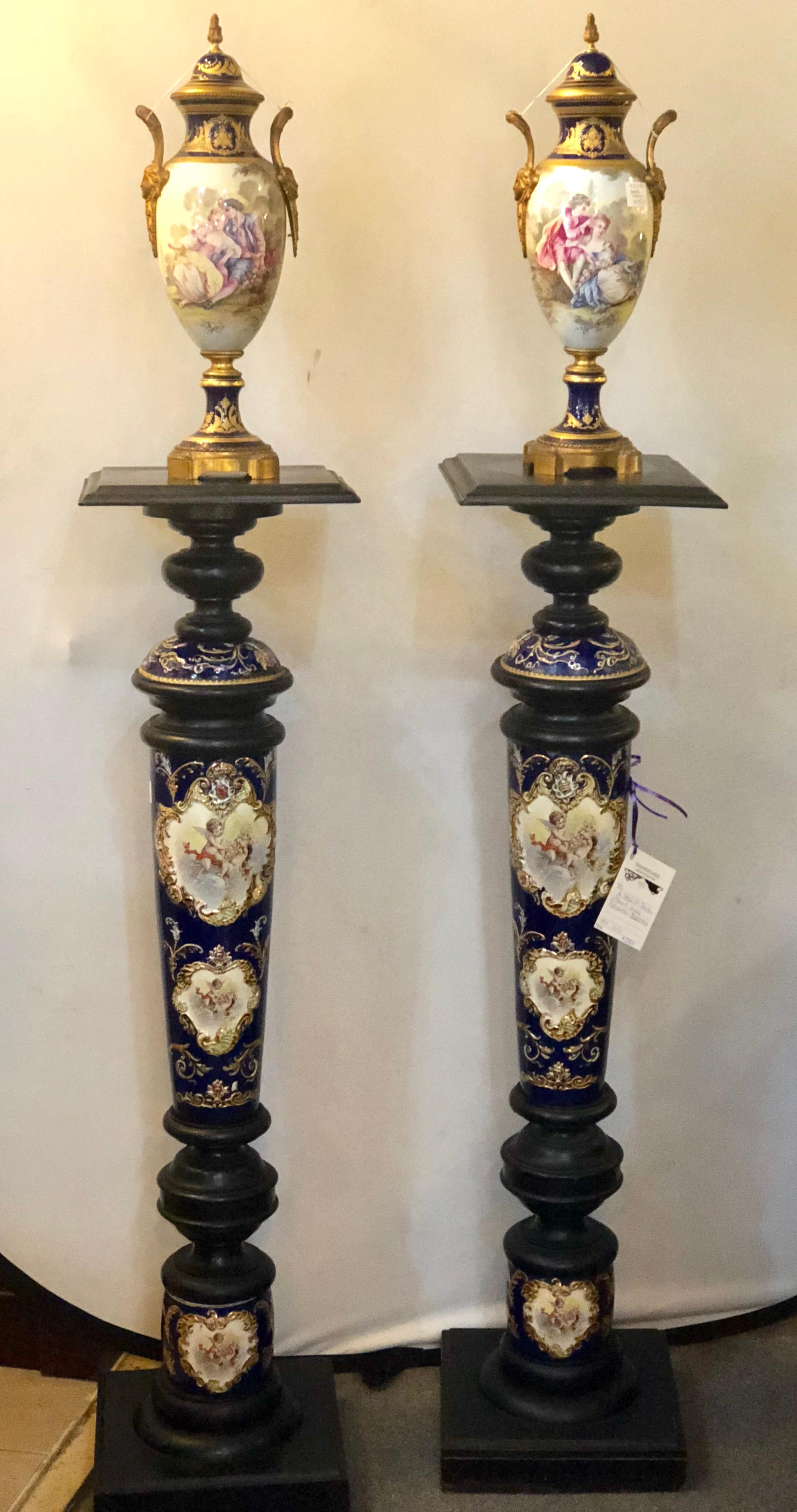 Pair of Royal Vienna Style Porcelain and Ebony Column Pedestals In Good Condition In Stamford, CT