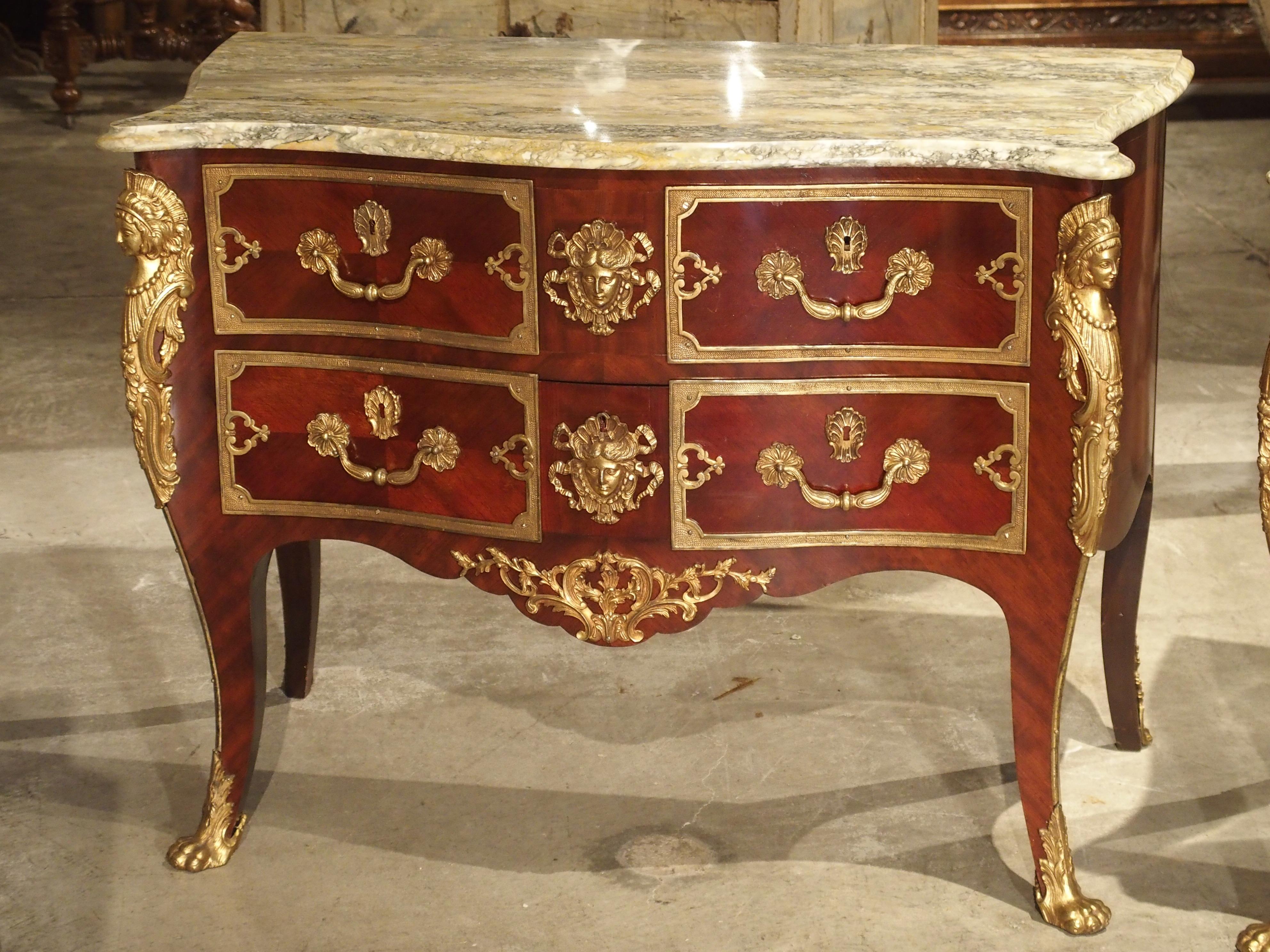20th Century Pair of Early 1900s Mahogany and Gilt Bronze Mounted Louis XV Style Commodes