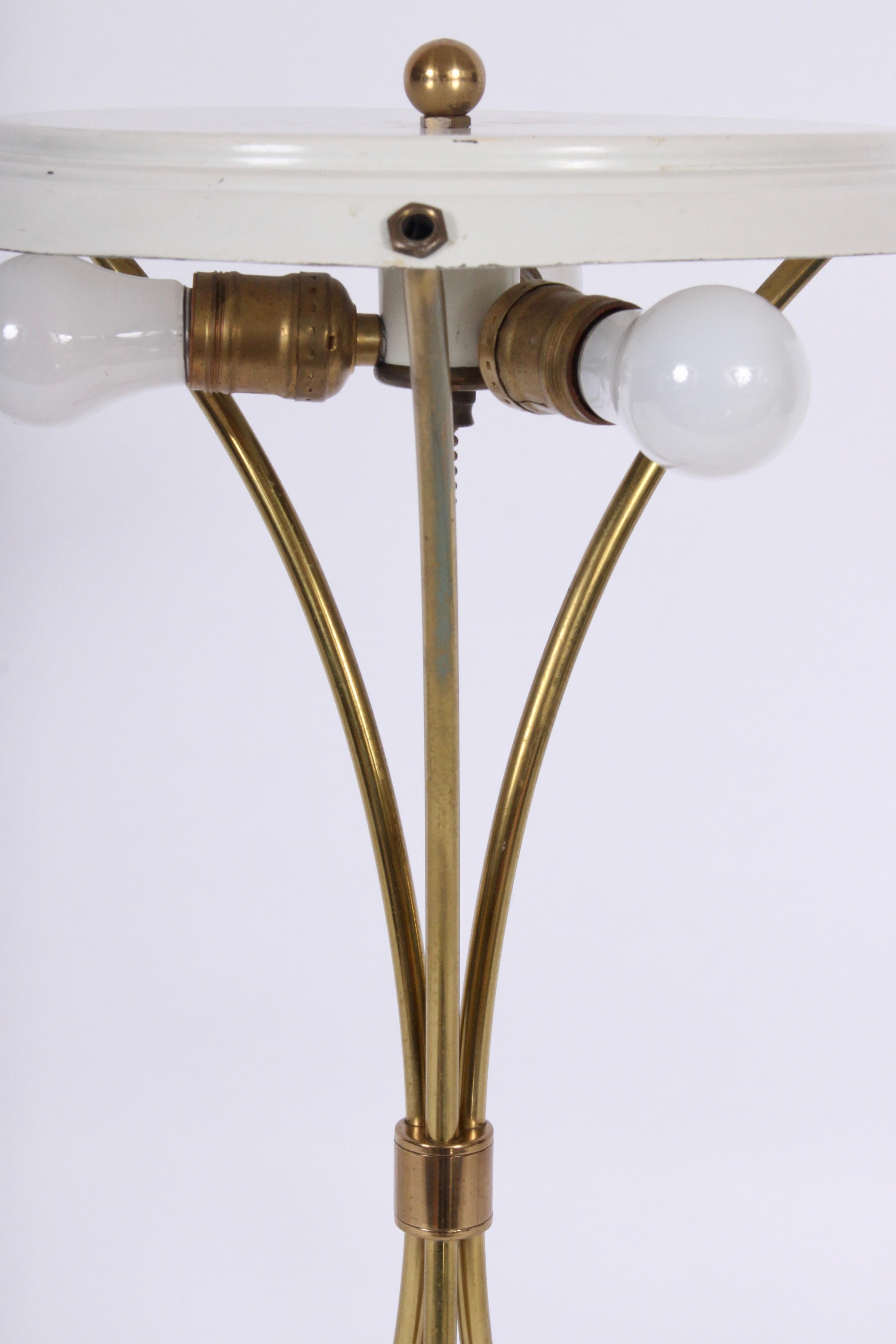 Plated Gerald Thurston Curved Brass Tripod Table Lamp with White Shade, circa 1950