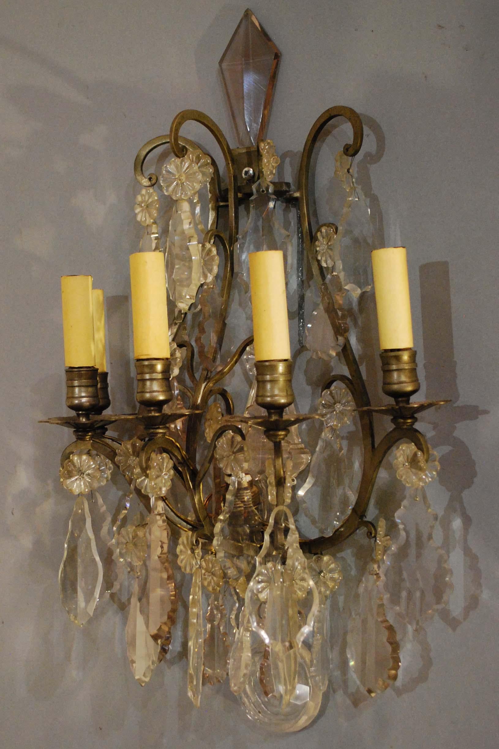 19th Century Pair of Bronze French Wall Sconces Hung with Crystal 2