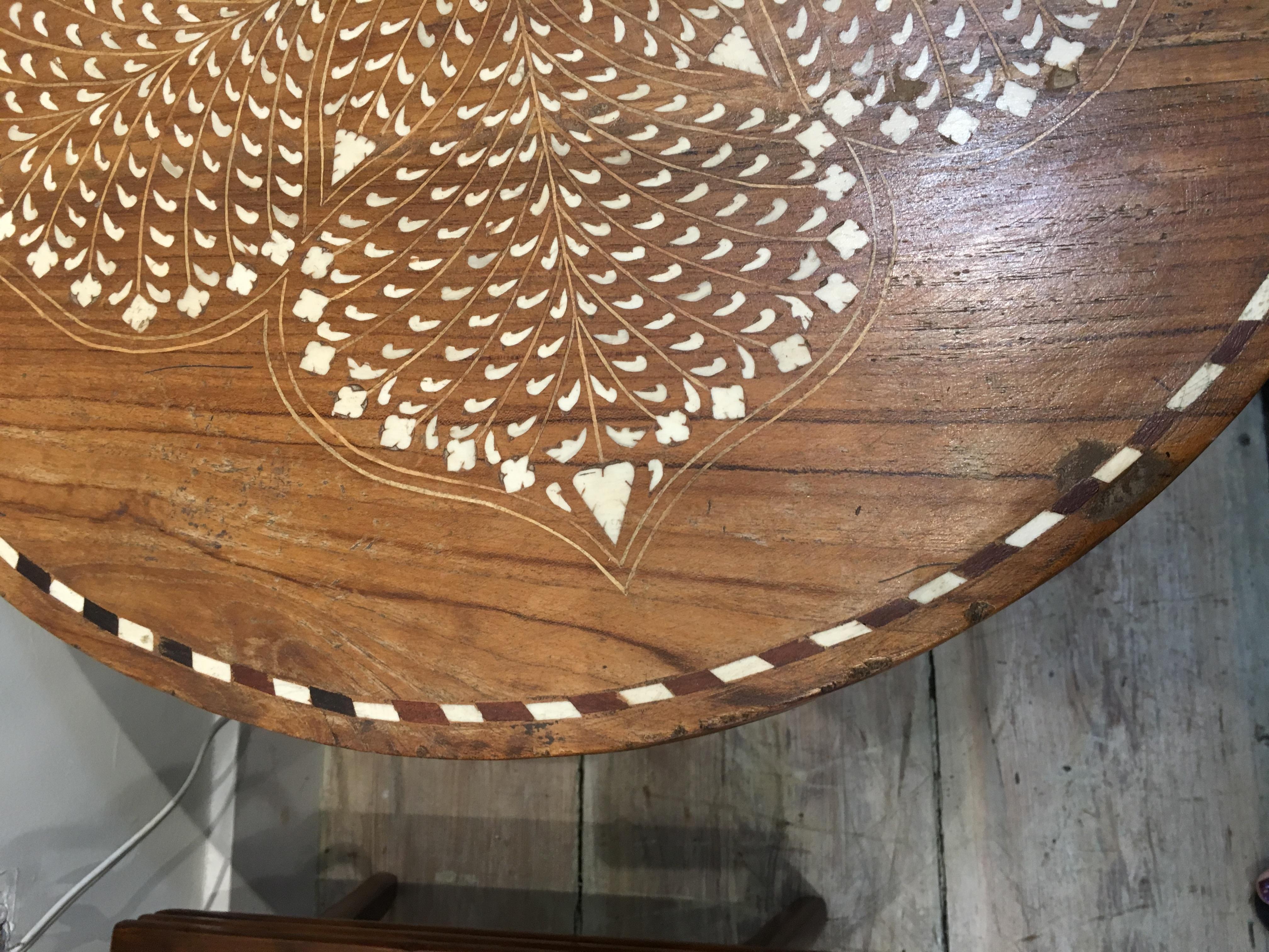 Teak Side or Center Table with Bone Inlay, India In Good Condition In Nantucket, MA
