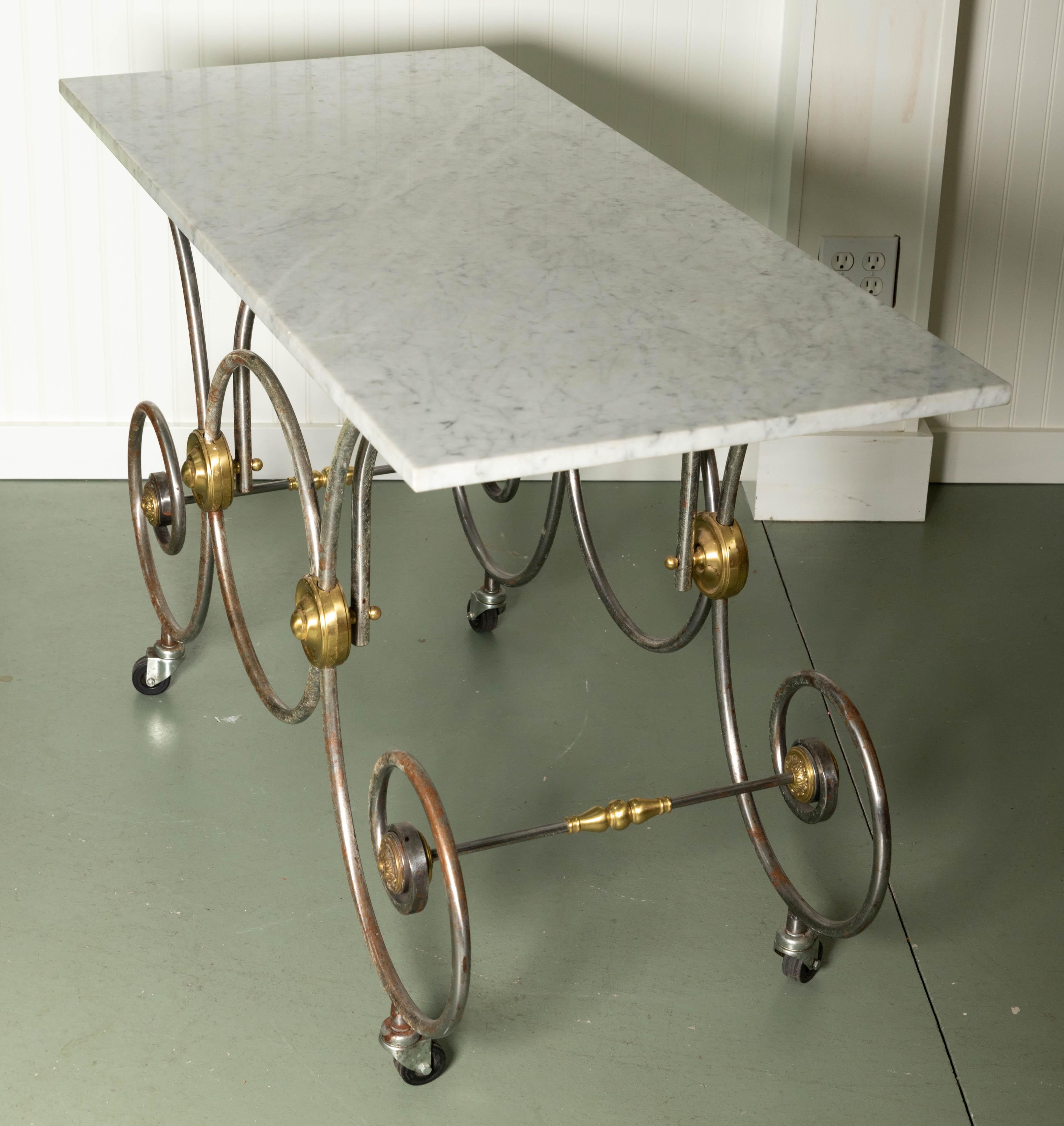 20th Century French Style, Marble Top Bakers Table with Brass and Metal Base For Sale