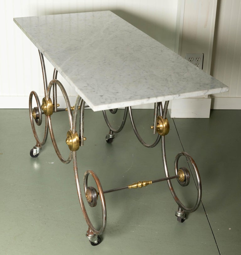 French Style, Marble Top Bakers Table with Brass and Metal Base For
