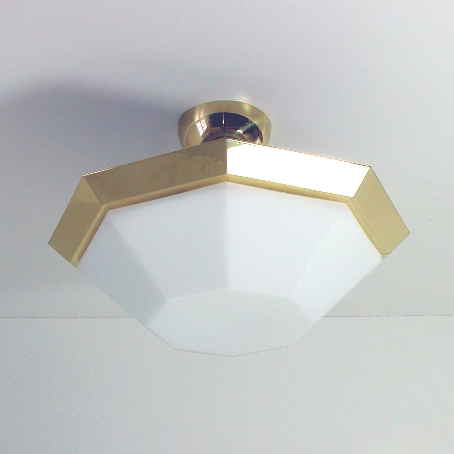 Mid-20th Century Midcentury German Limburg Brass and Milk Glass Octagonal Sconce Flush Mount