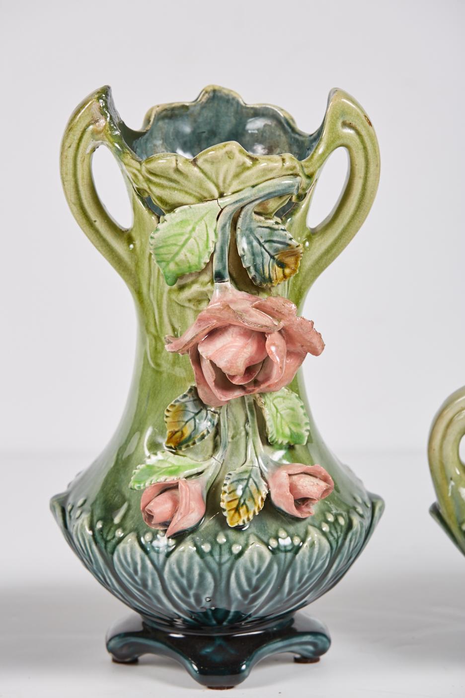 19th Century Antique French Barbotine Ceramic Three-Piece Garniture