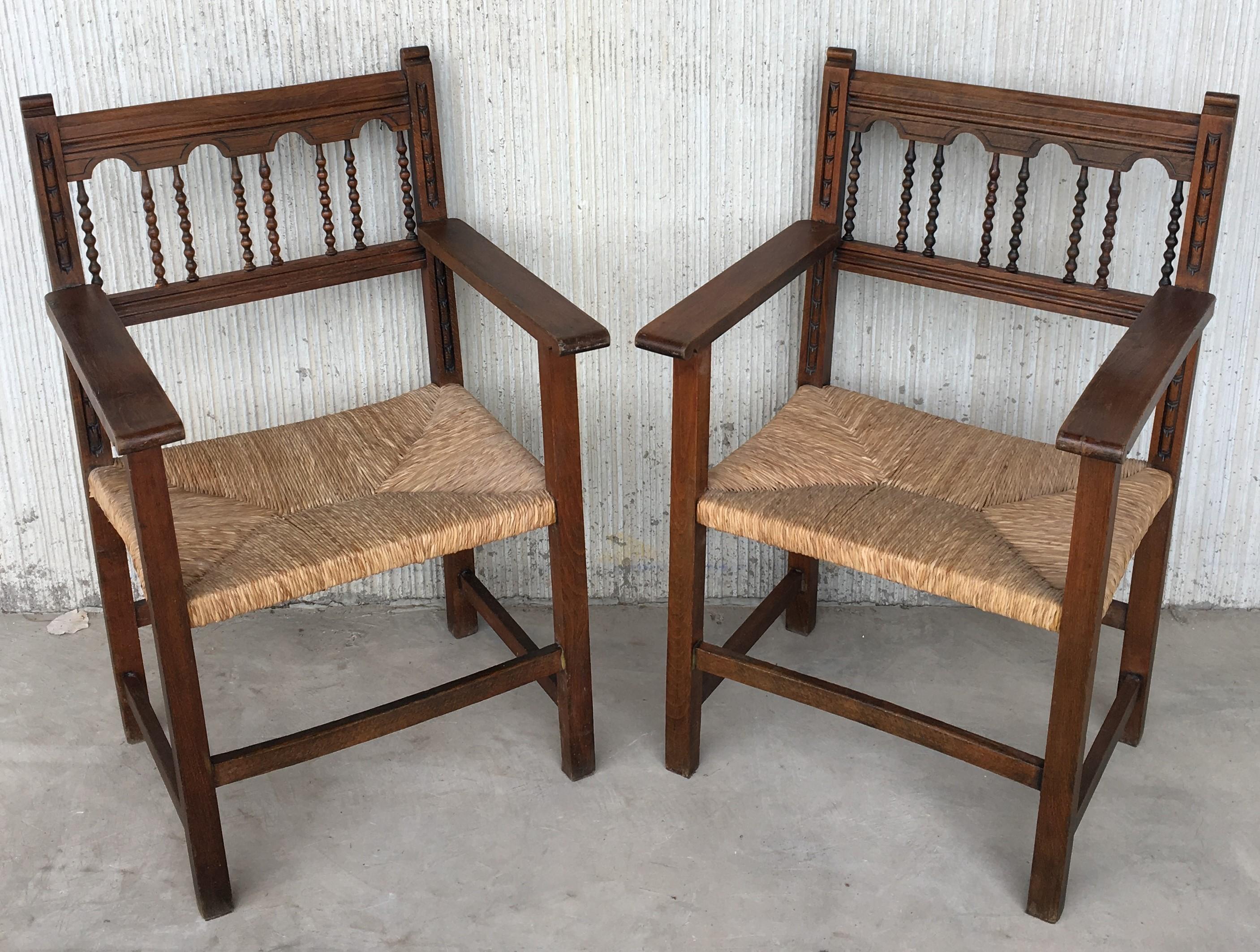 19th Spanish Colonial Altar Carved Armchairs with Caned Seat 2