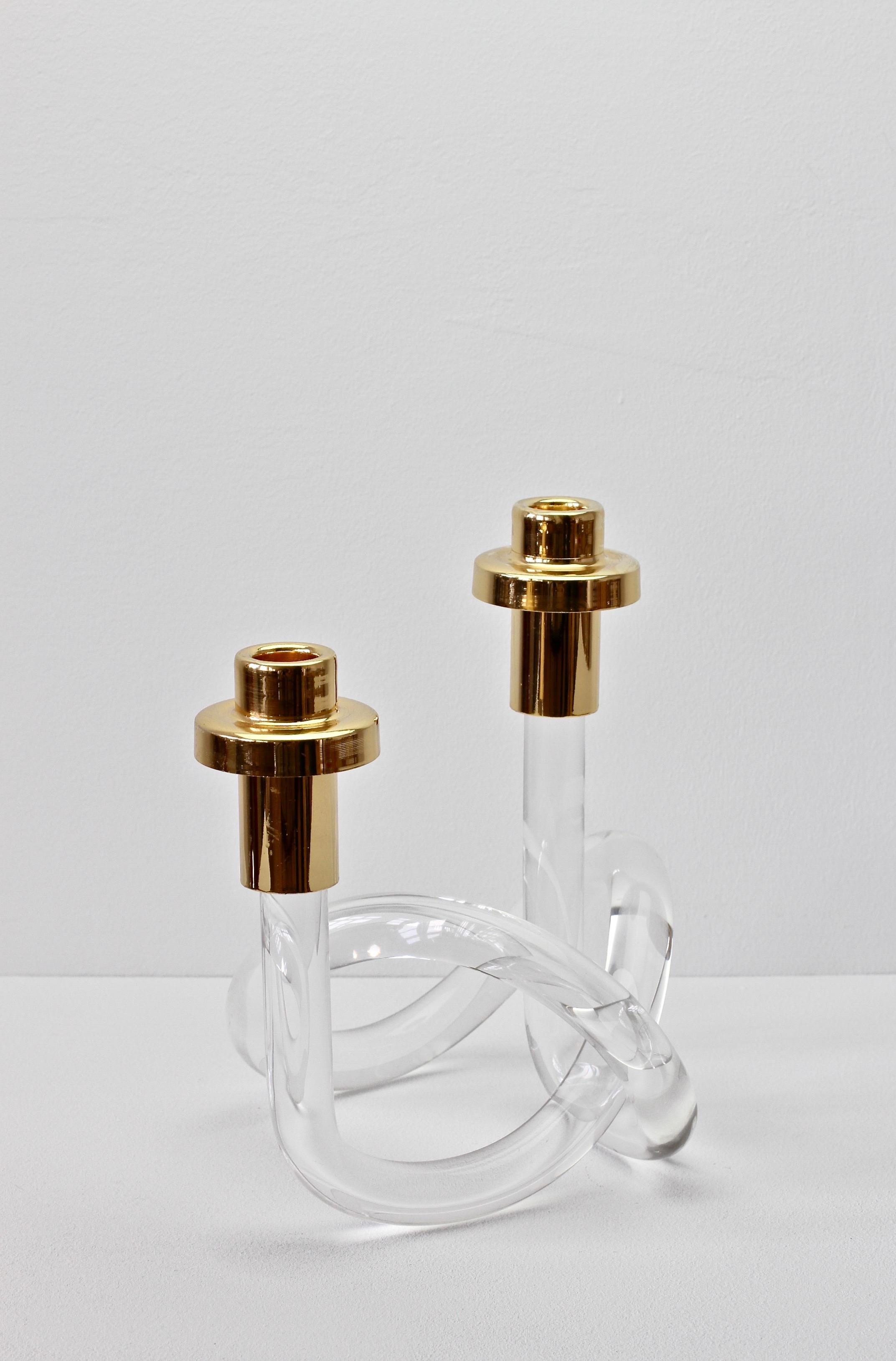 Plated Gold & Lucite Twisted Pretzel Candlestick Holder/Candelabra by Dorothy Thorpe